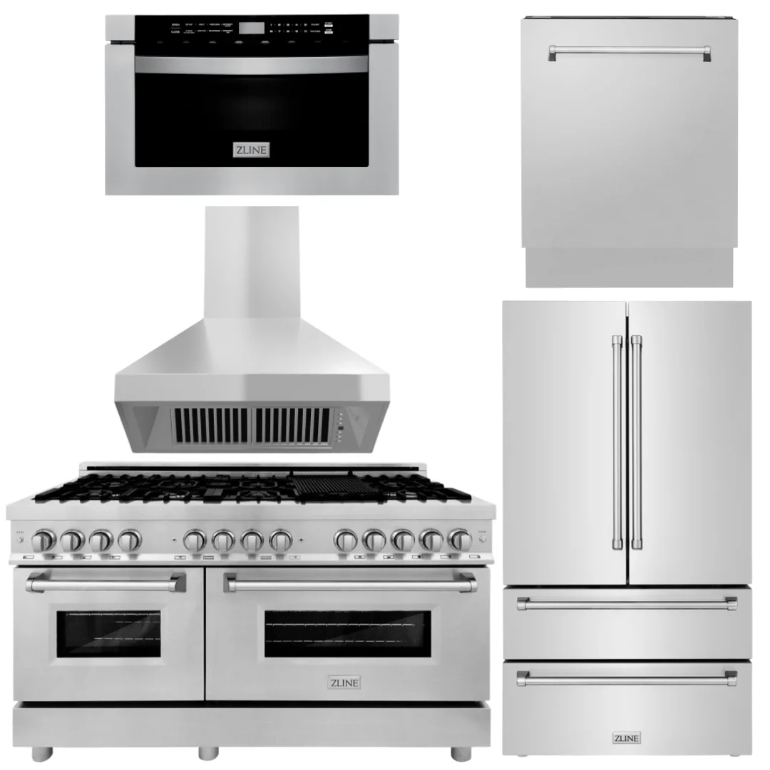 ZLINE 5-Piece Appliance Package - 60 In. Range, Range Hood, Refrigerator, Microwave and Dishwasher in Stainless Steel, 5KPR-RARH60-MWDWV - Inhomebuy