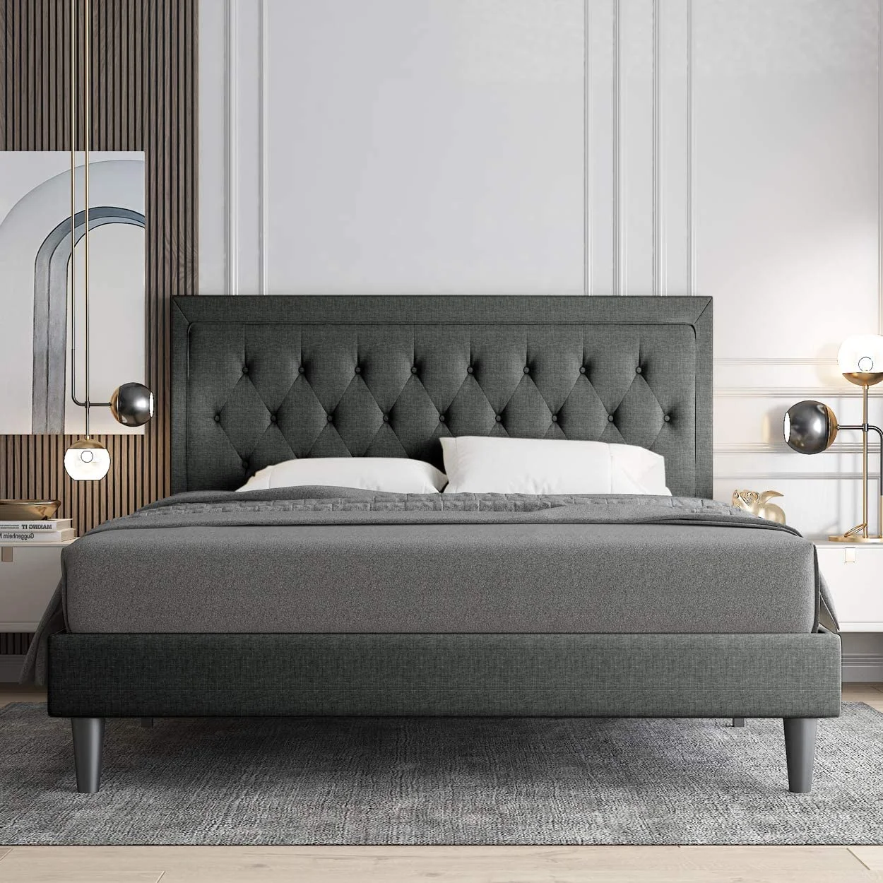 Allewie Queen Size Bed Frame Upholstered Platform Bed with Adjustable Headboard, Box Spring not Needed, Dark Grey - Inhomebuy