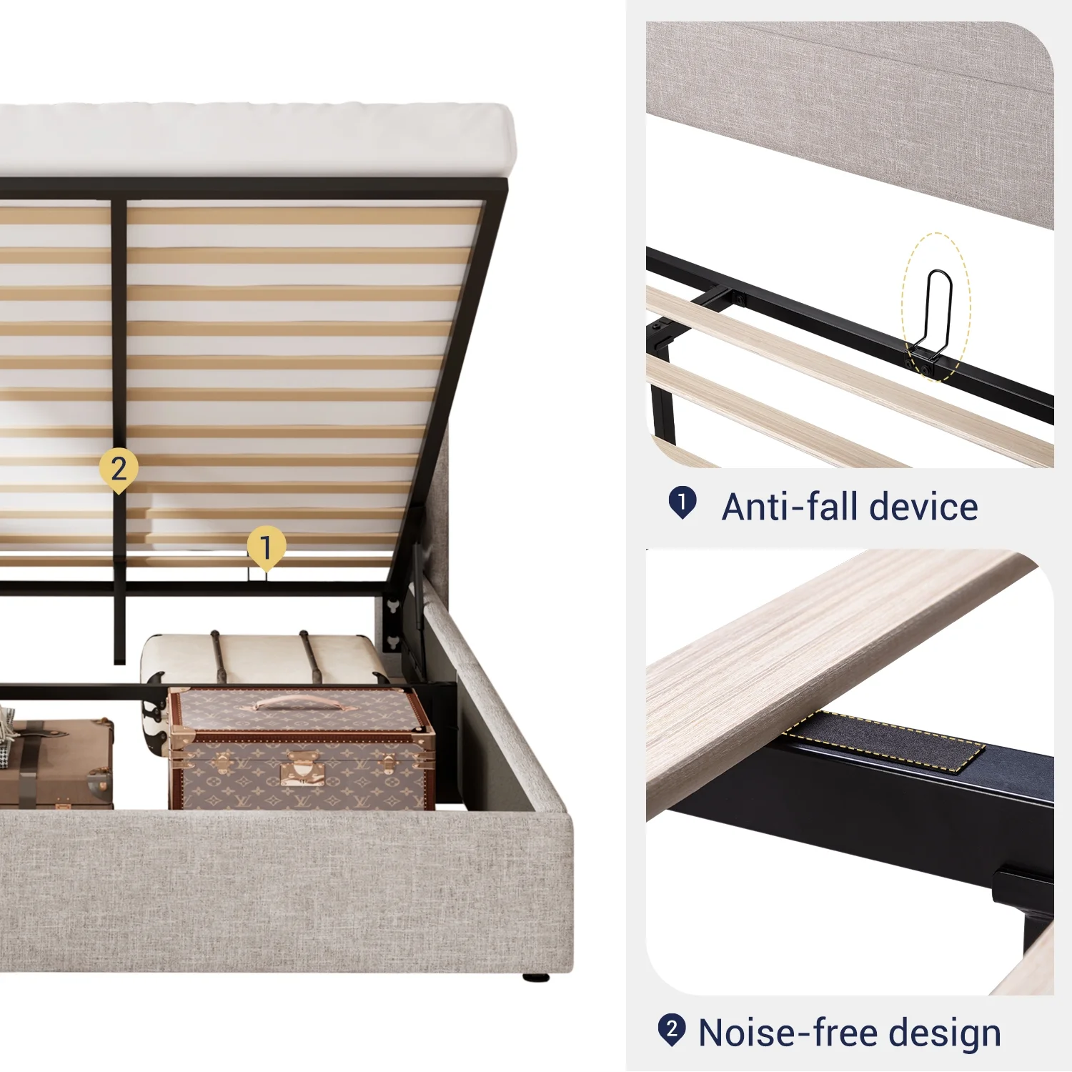 Allewie Queen Size Lift Up Platform Storage Bed Frame with Pannel Wingback Headboard, Light Beige - Inhomebuy