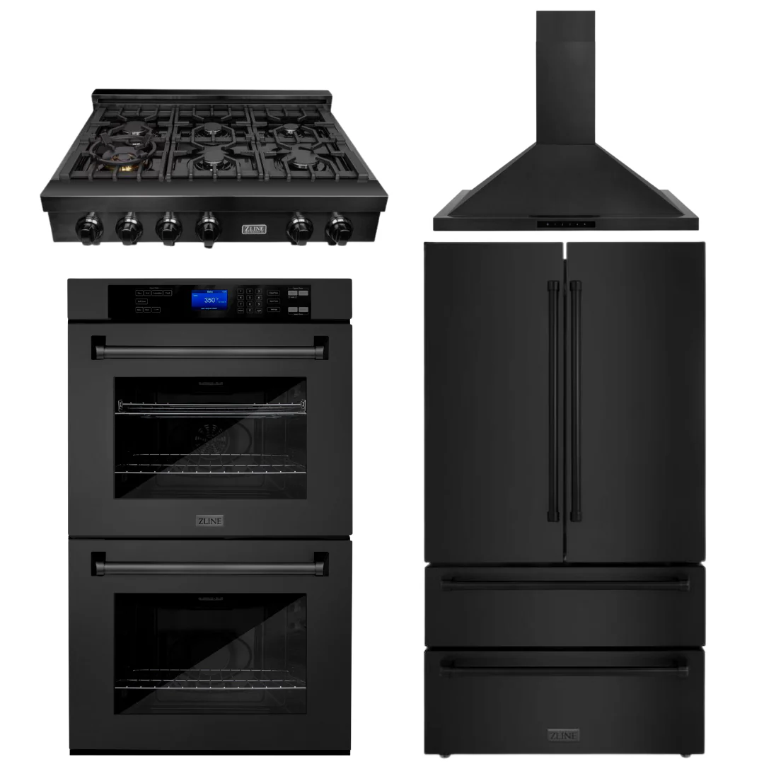ZLINE 4-Piece Appliance Package - 36 In. Rangetop, Range Hood, Refrigerator, and Double Wall Oven in Black Stainless Steel, 4KPR-RTBRH36-AWD - Inhomebuy