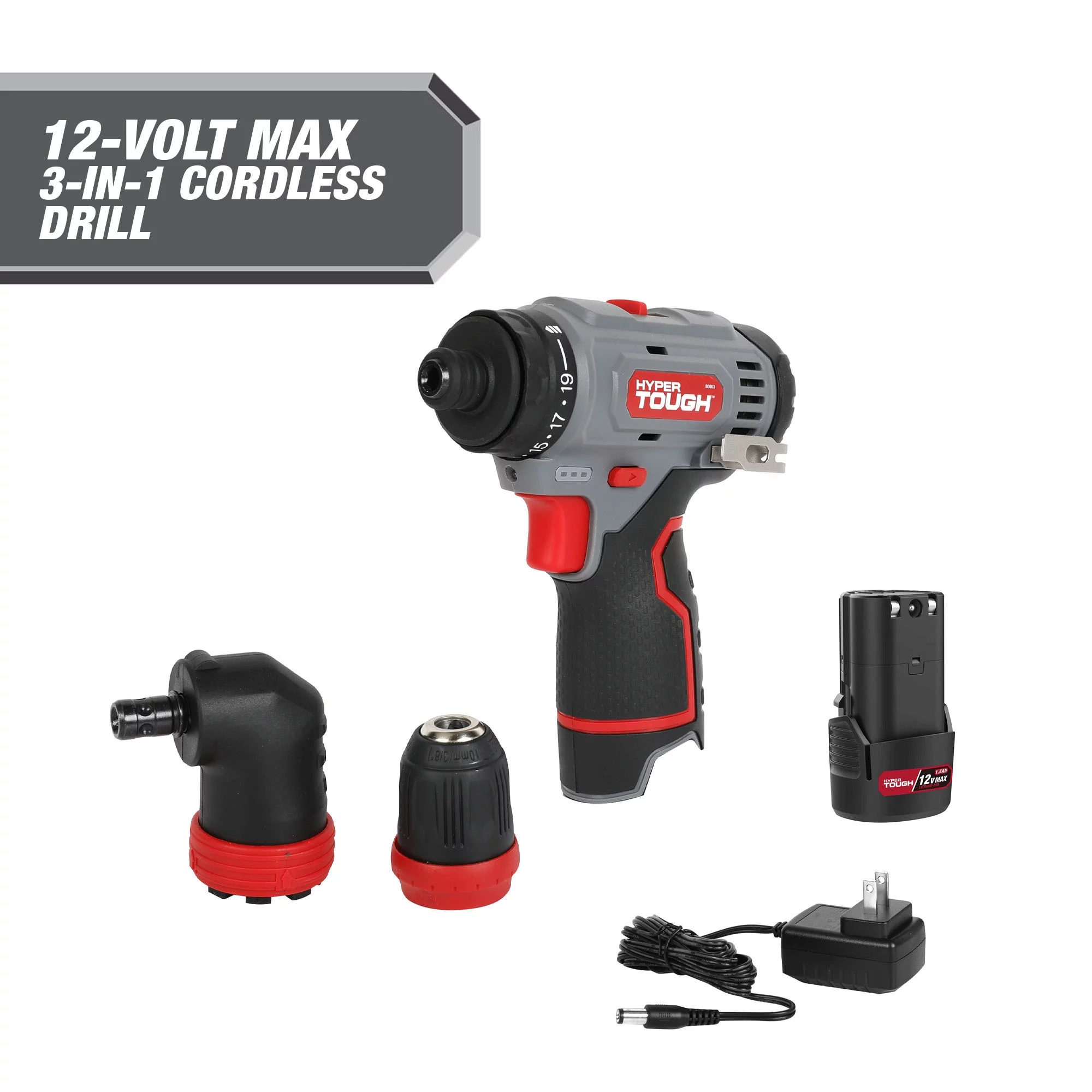 Hyper Tough 12V Max Lithium-Ion 3-in-1 Multi-Head Power Drill Set with 1.5Ah Battery and Charger, 80003 - Inhomebuy