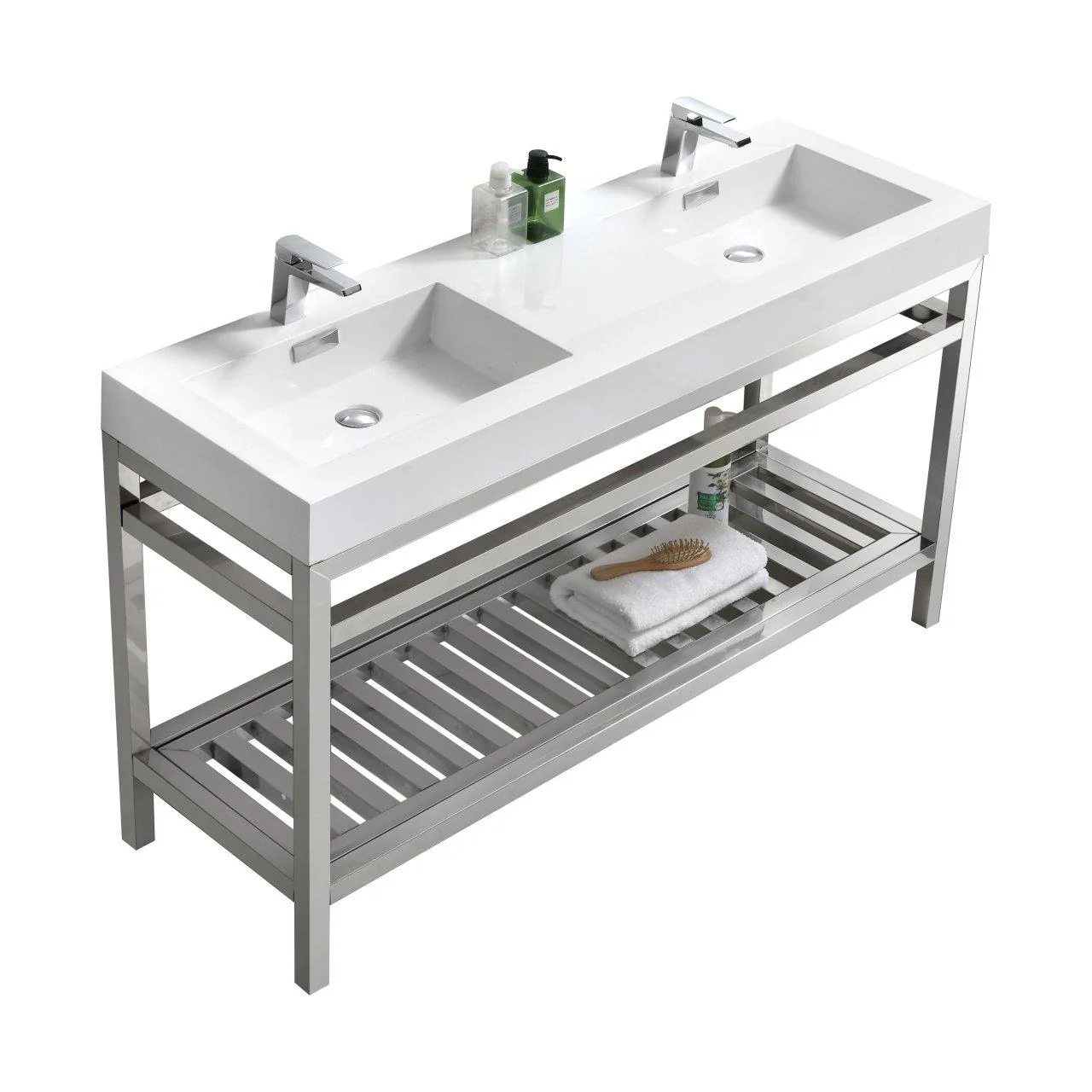 KubeBath Cisco 60 in. Double Sink Stainless Steel Console with Acrylic Sink - Chrome, AC60D - Inhomebuy