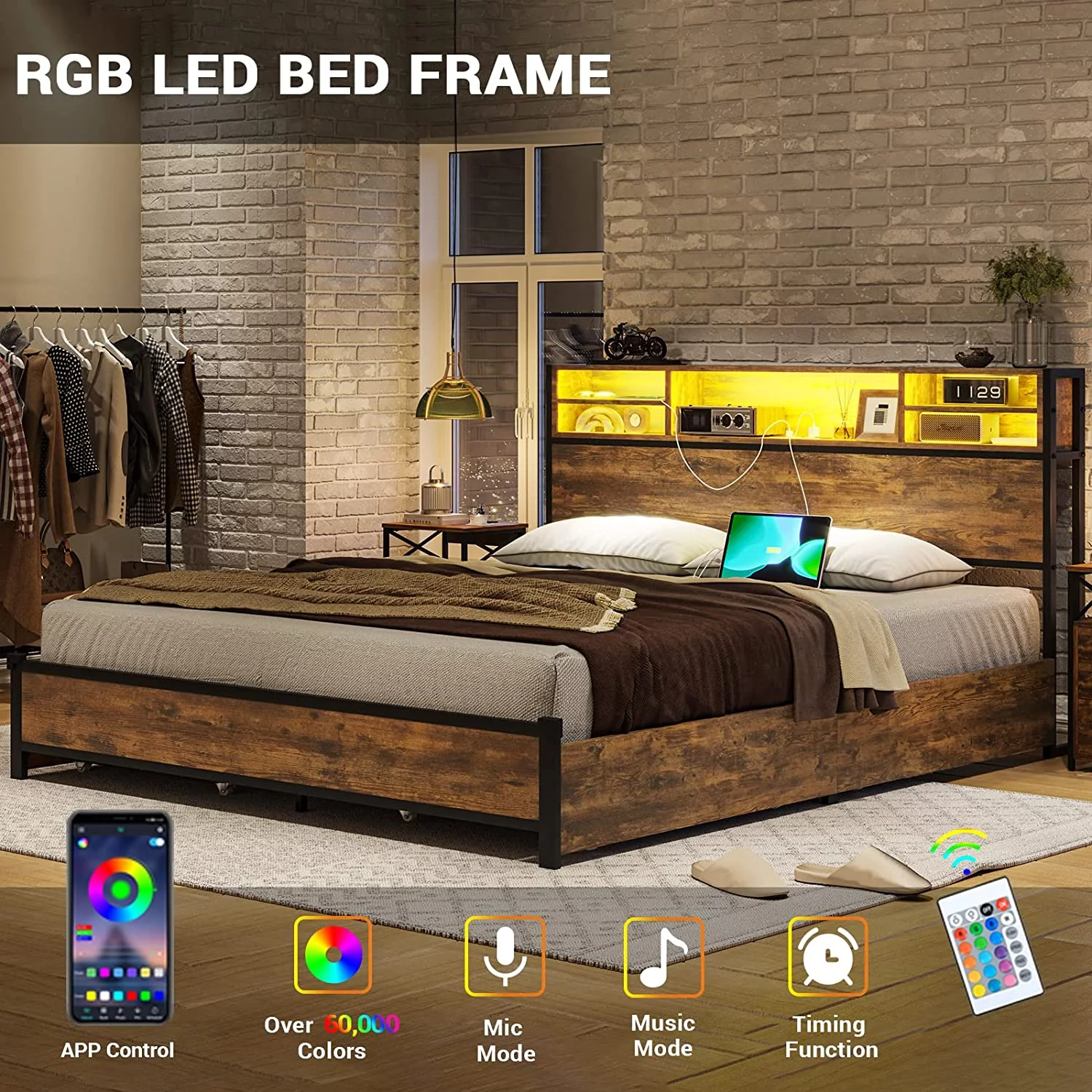 Afuhokles LED Full Bed Frame with Outlets and Headboard, Platform Bed with Storage Drawers, Brown - Inhomebuy