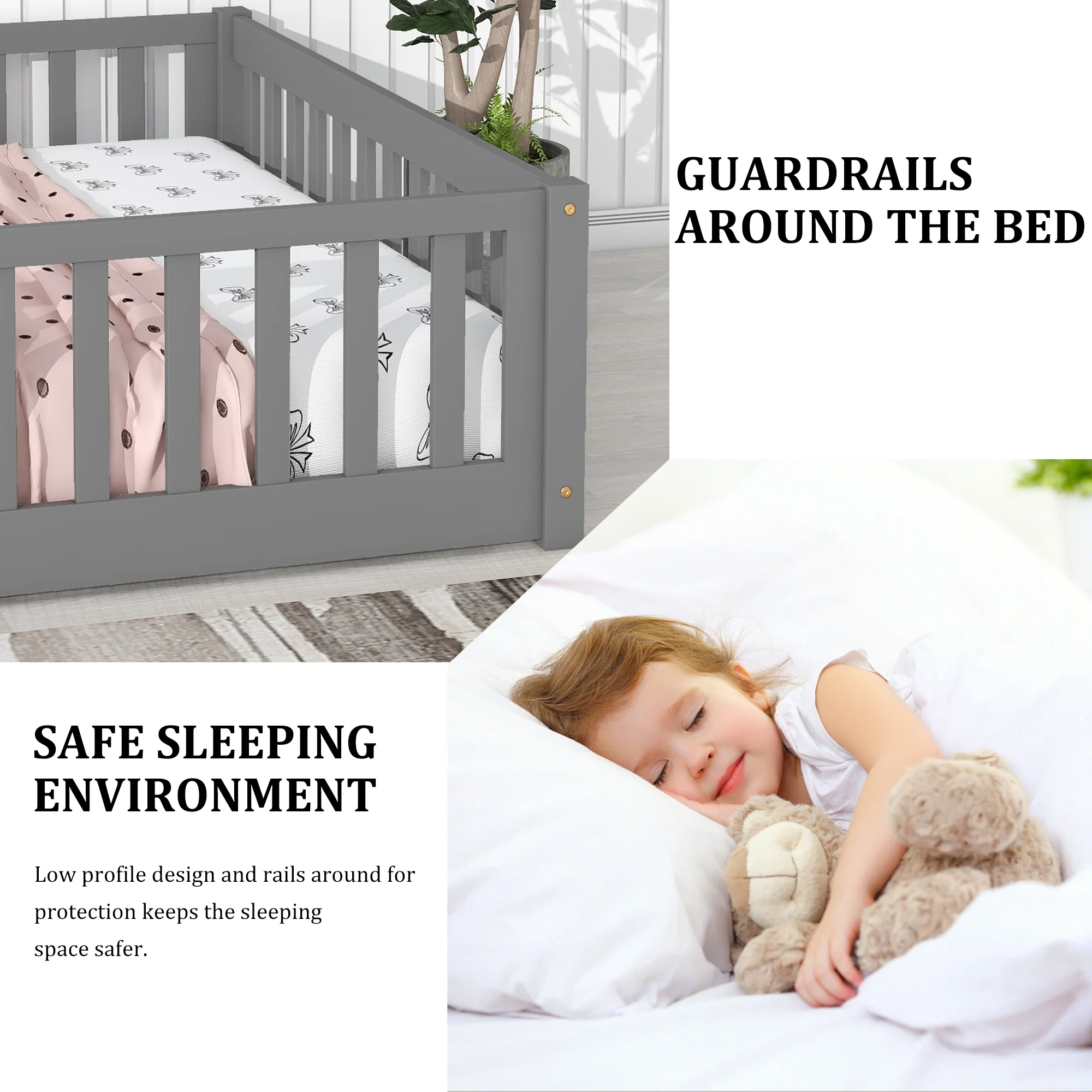 uhomepro Kids Toddler Bed with Fence and Door, Full Size Platform Bed Floor Bed, Wood Bed Frame No Box Spring Needed, Gray - Inhomebuy