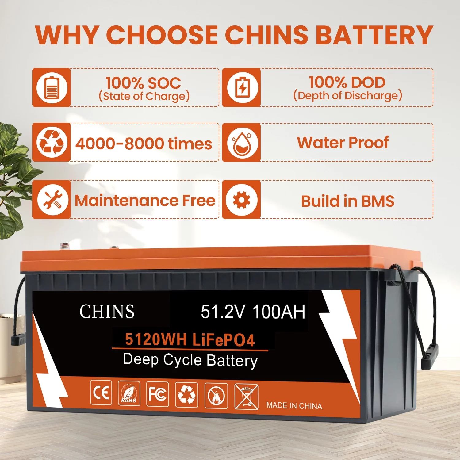 CHINS Smart LiFePO4 Lithium Iron Battery 12.8V 100Ah for Boat Fishing - Inhomebuy