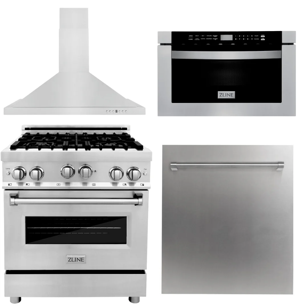 ZLINE Appliance Package - 30 in. Gas Range, Range Hood, Microwave Drawer, Dishwasher, 4KP-RGRH30-MWDW - Inhomebuy