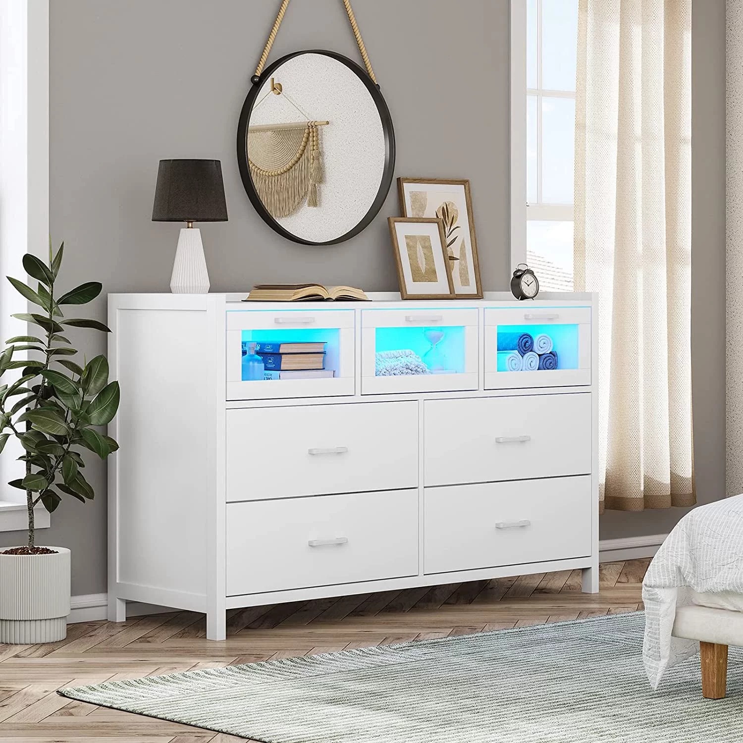 7 Drawer Dresser, Chest of Drawers with LED Lights, Wide Storage Organizer, Black Finish - Inhomebuy