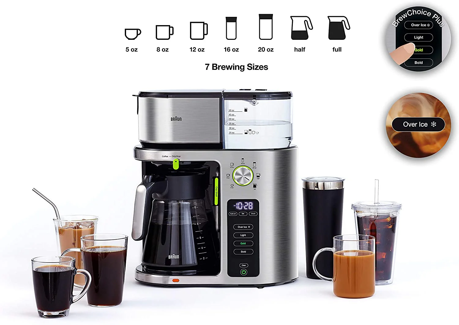 Braun MultiServe Coffee Maker + Hot Water: 7 programmable brew sizes (up to 10 cups) / 3 strengths + iced coffee, SCA certified, s/s | KF9070SI - Inhomebuy