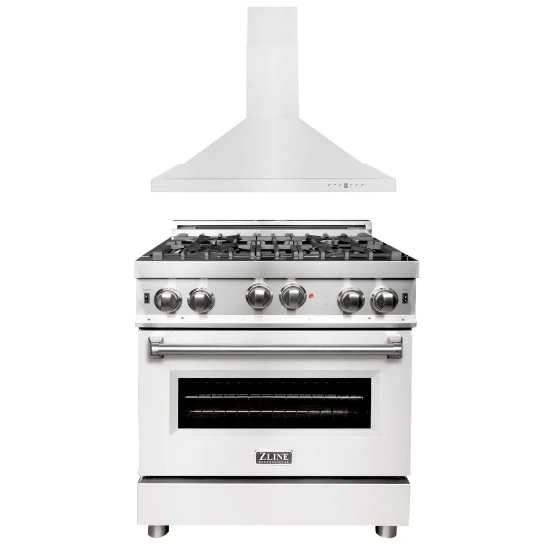 ZLINE 30 in. Gas Range with White Matte Door & 30 in. Range Hood Appliance Package, 2KP-RGWMRH30 - Inhomebuy