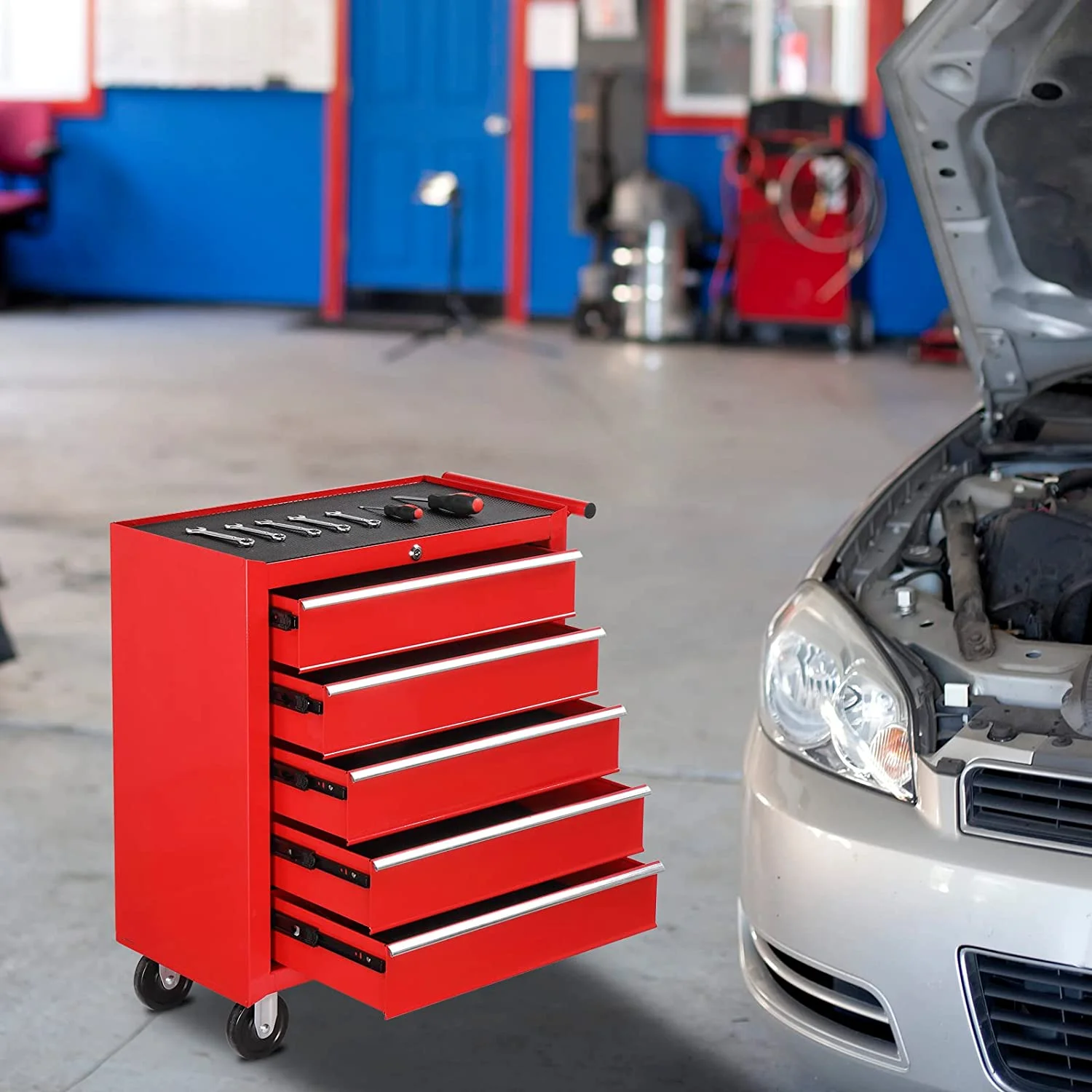 TUFFIOM 5-Drawer Rolling Tool Chest with Lock & Key, Tool Storage Organizer Box Cabinet with Wheels - Inhomebuy