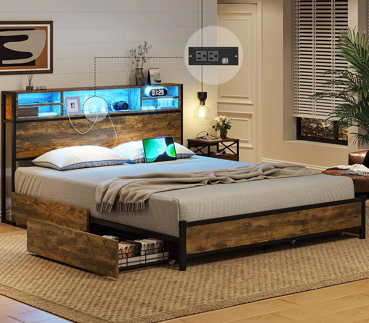 Afuhokles LED Full Bed Frame with Outlets and Headboard, Platform Bed with Storage Drawers, Brown - Inhomebuy