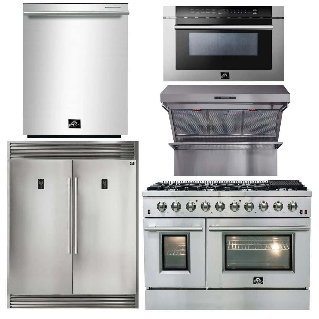 Forno Package - 48 Inch Gas Range, Wall Mount Range Hood, Refrigerator, Microwave Drawer, Dishwasher, AP-FFSGS6244-48-8 - Inhomebuy