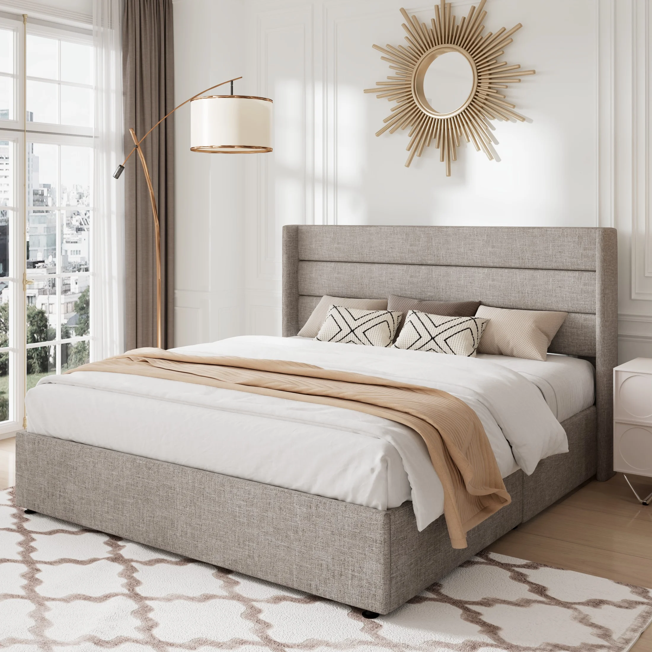 Allewie Queen Size Lift Up Platform Storage Bed Frame with Pannel Wingback Headboard, Light Beige - Inhomebuy