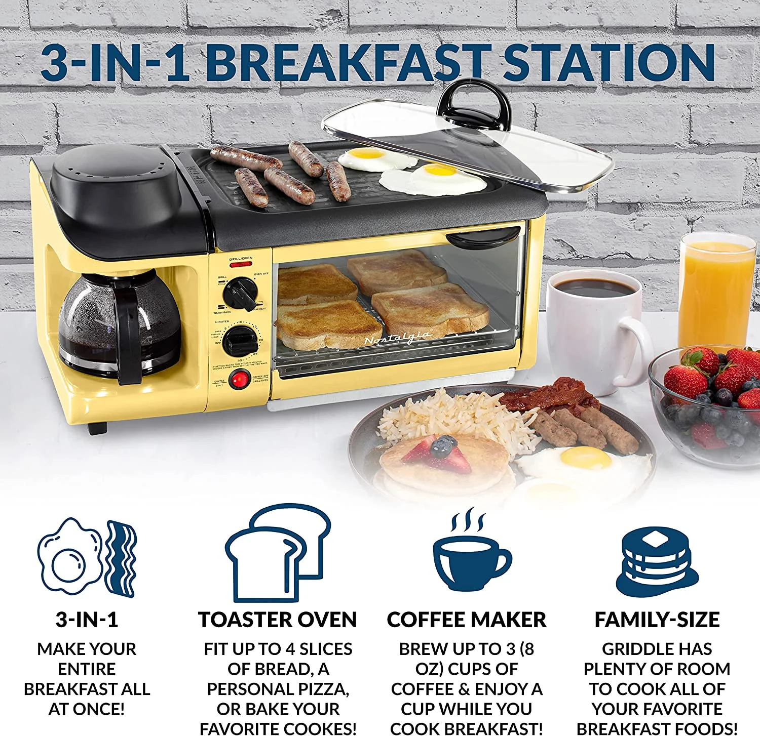 Retro 3-in-1 Family Size Electric Breakfast Station, Yellow - Inhomebuy
