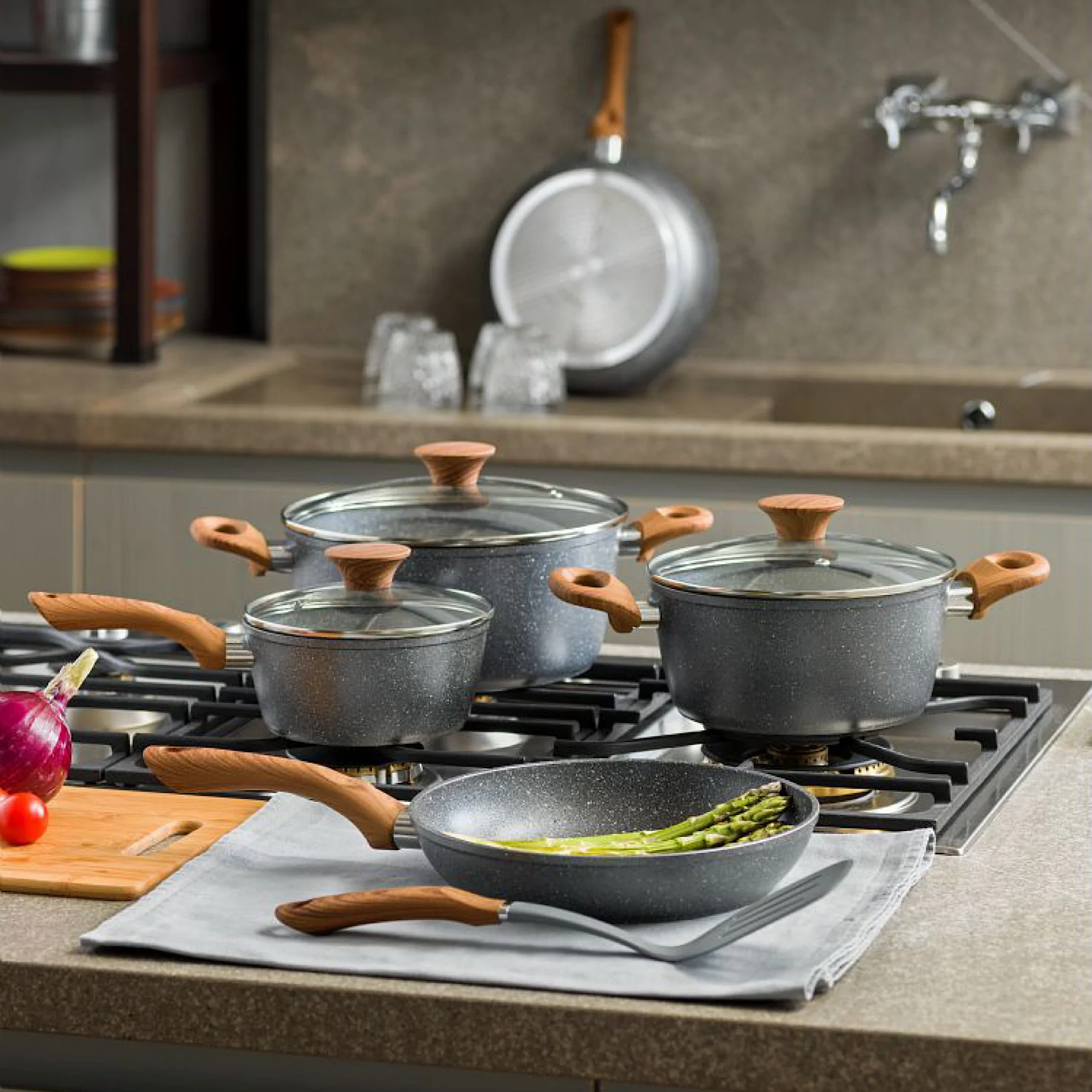 Cookware Set 8pcs Stone and Wood Line - Inhomebuy