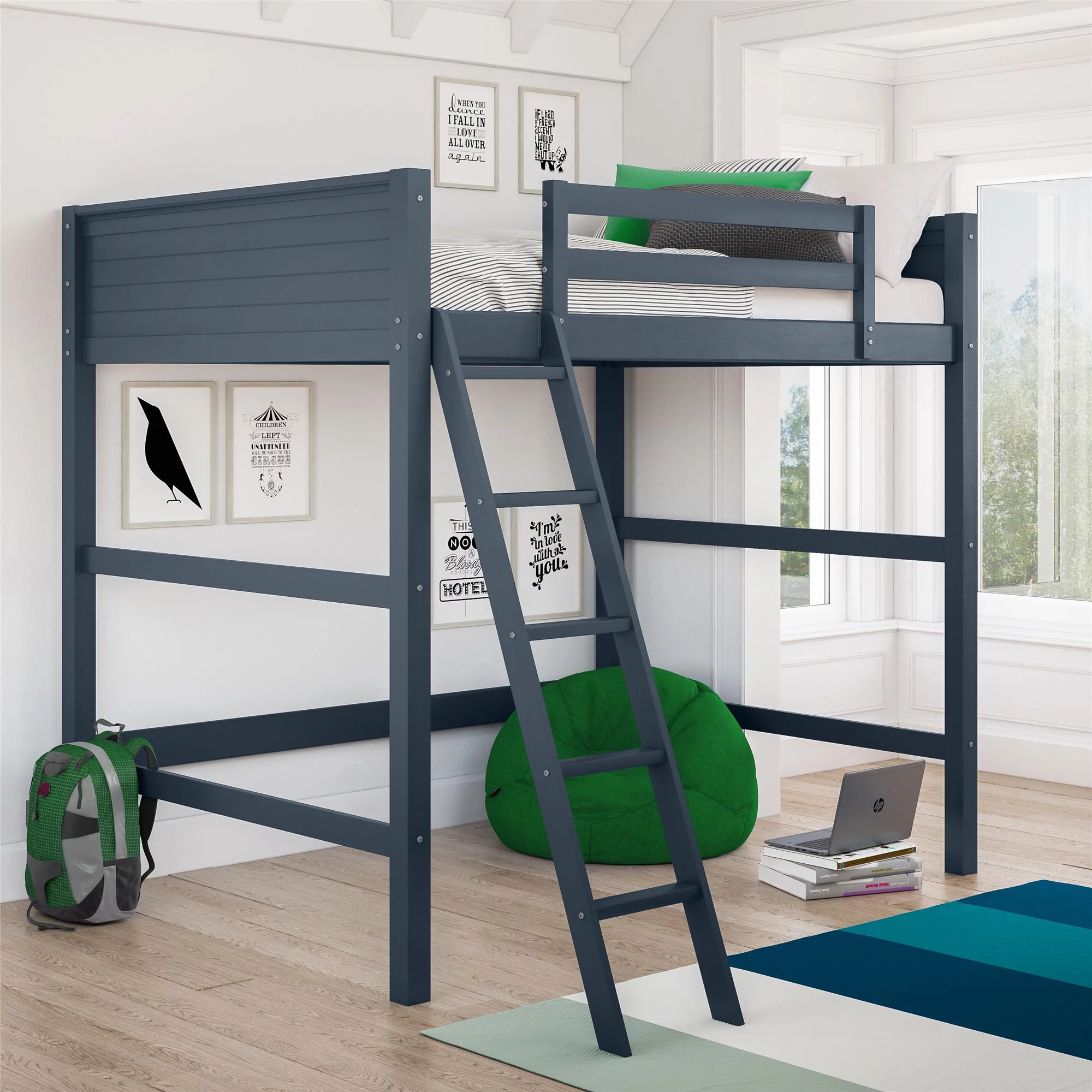 Your Zone Kiarah Full Size Loft Bed with Ladder, Black - Inhomebuy