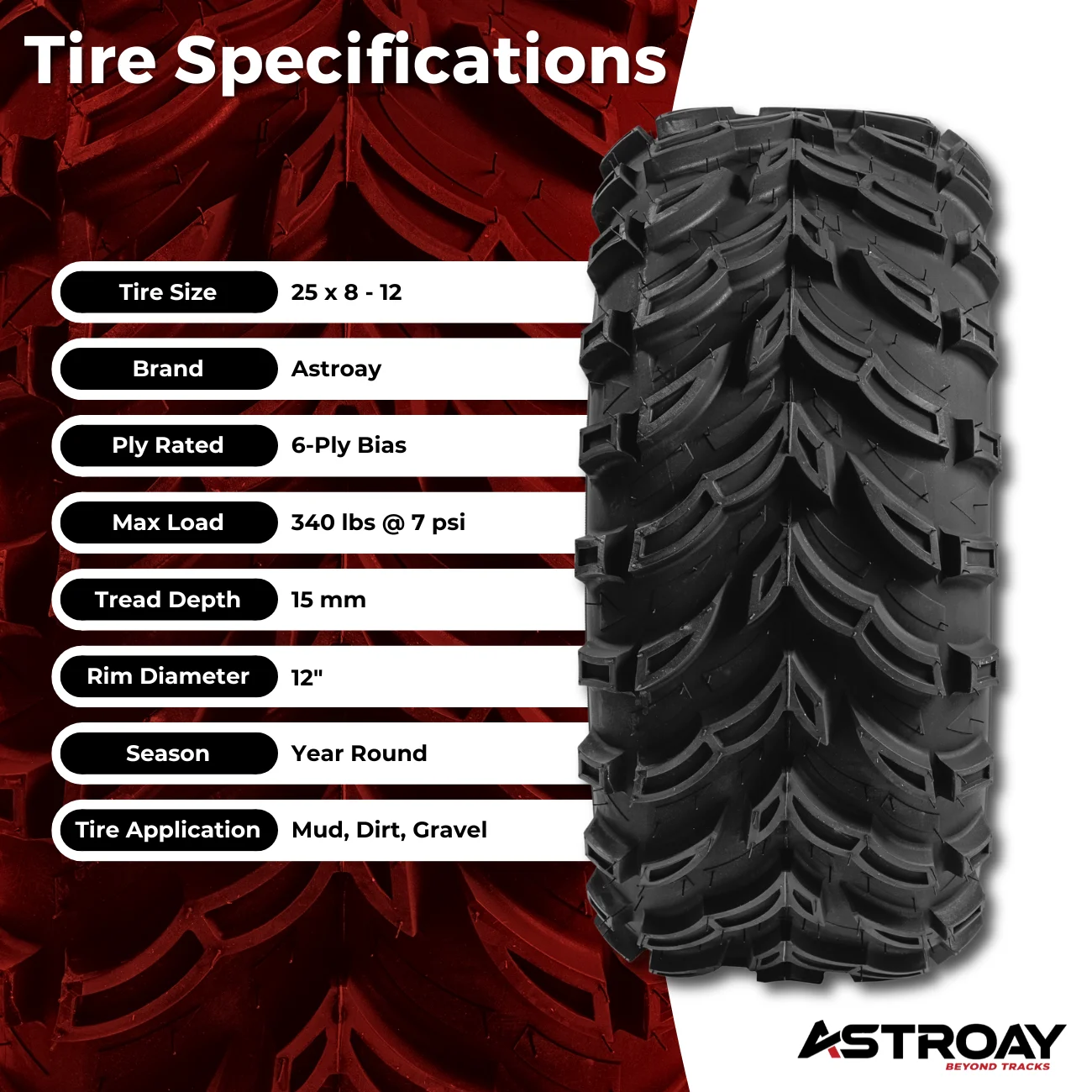 25 x 8 - 12 Astroay Mars-B Utility ATV/UTV Tire - Inhomebuy