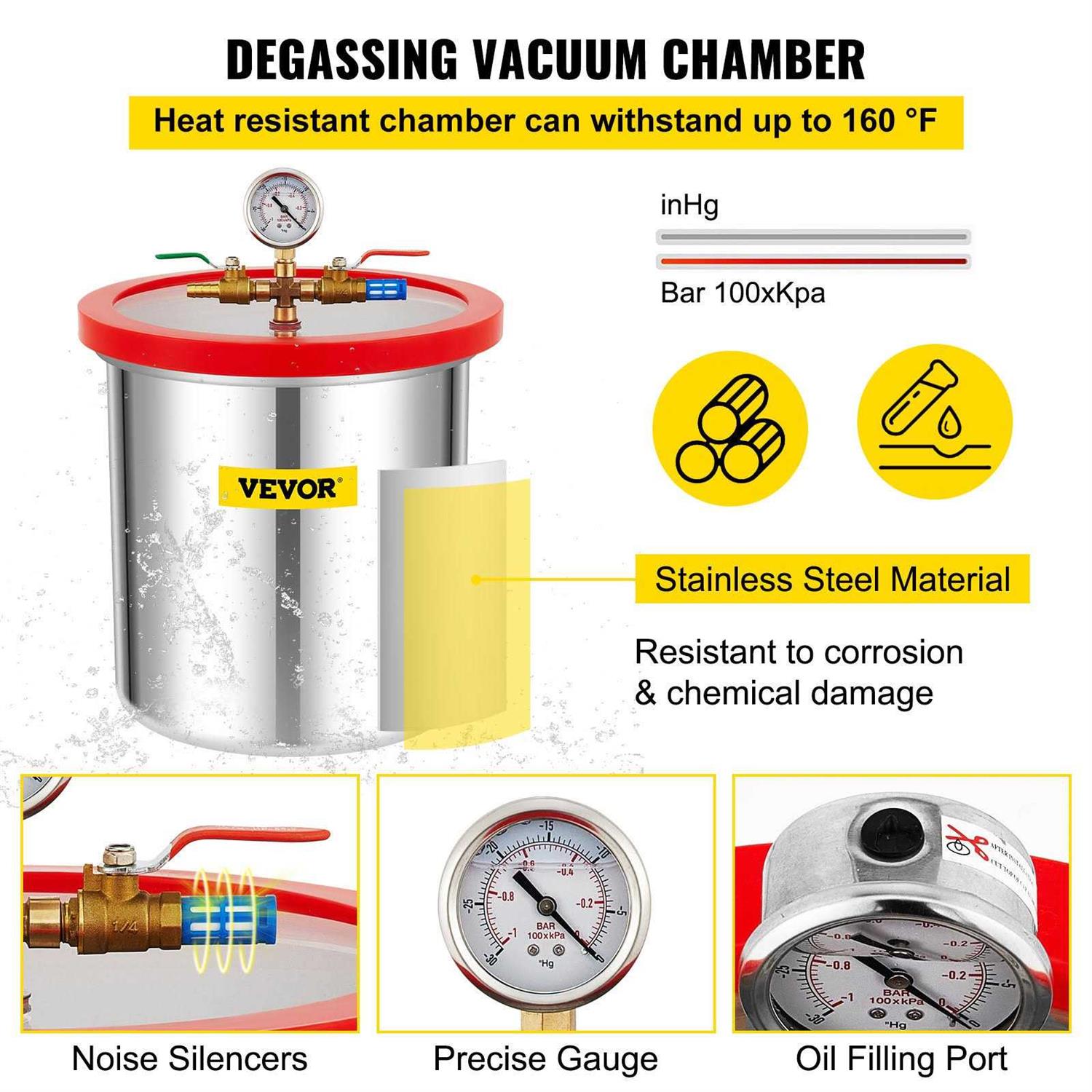 VEVOR Vacuum Chamber with Pump 5 Gallon Chamber 5 Single Stage Rotary Vane Vacuum Pump - Inhomebuy