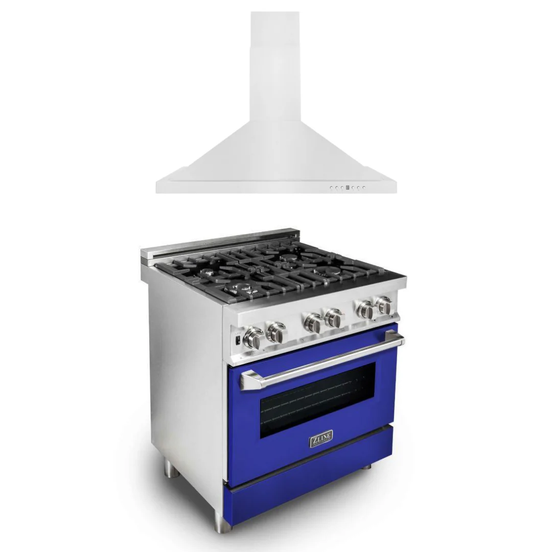 ZLINE 30 in. Dual Fuel Range with Blue Matte Door & 30 in. Range Hood Appliance Package, 2KP-RABMRH30 - Inhomebuy