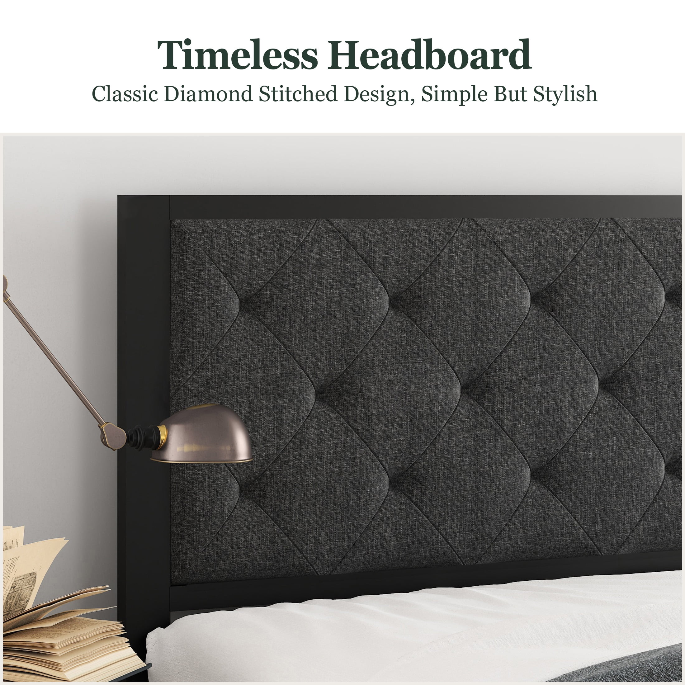 Amolife Twin Size Metal Bed Frame with Upholstered Headboard, Dark Grey - Inhomebuy