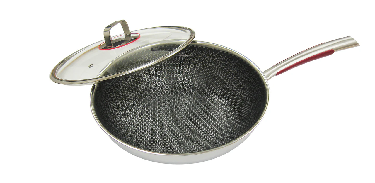 Laser Etched Hybrid non-stick 3-ply stainless steel Wok |BCHW32G| 32cm with glass lid - Inhomebuy