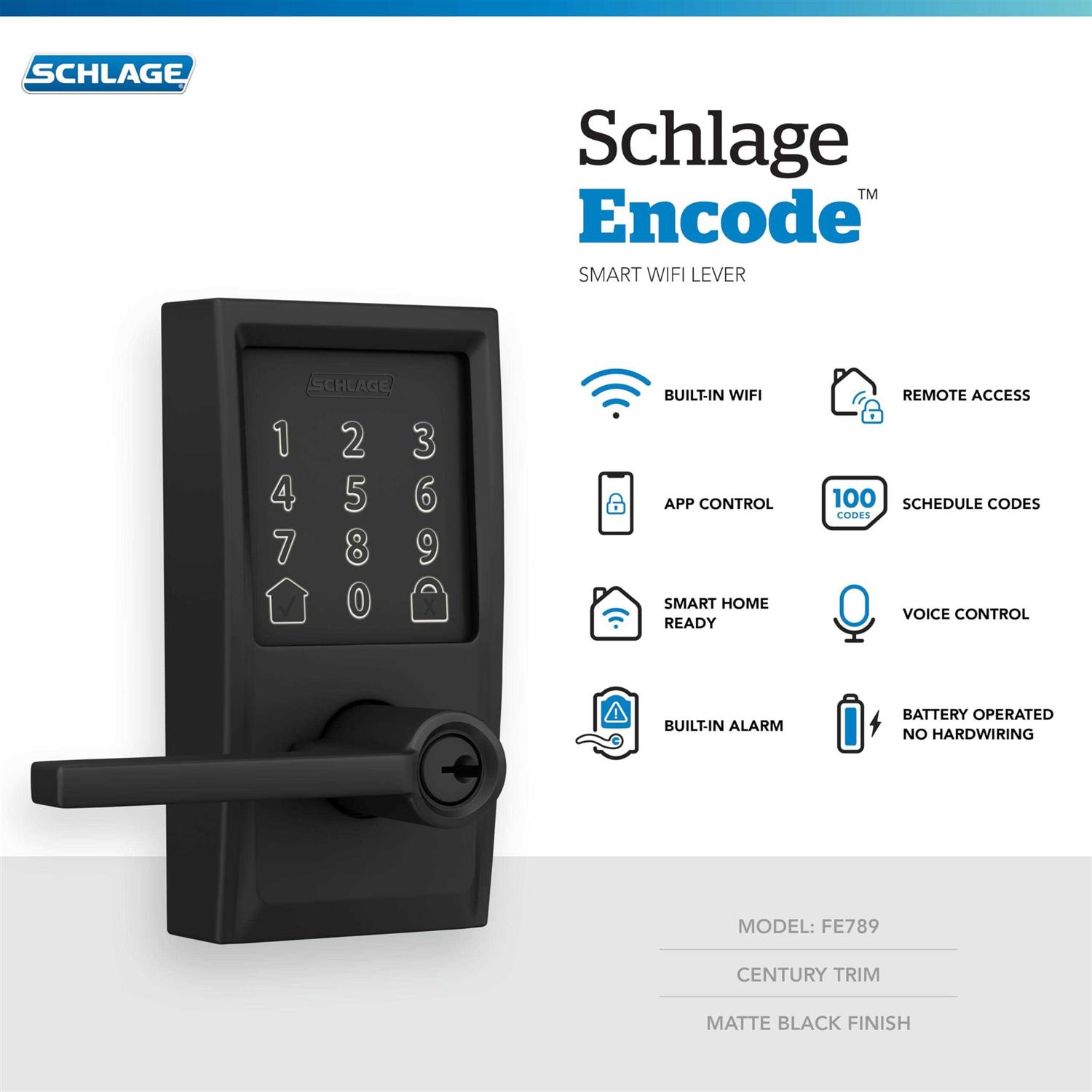 Schlage FE789WB CAM Acc Encode WiFi Accent Lever Smart Lock - Inhomebuy