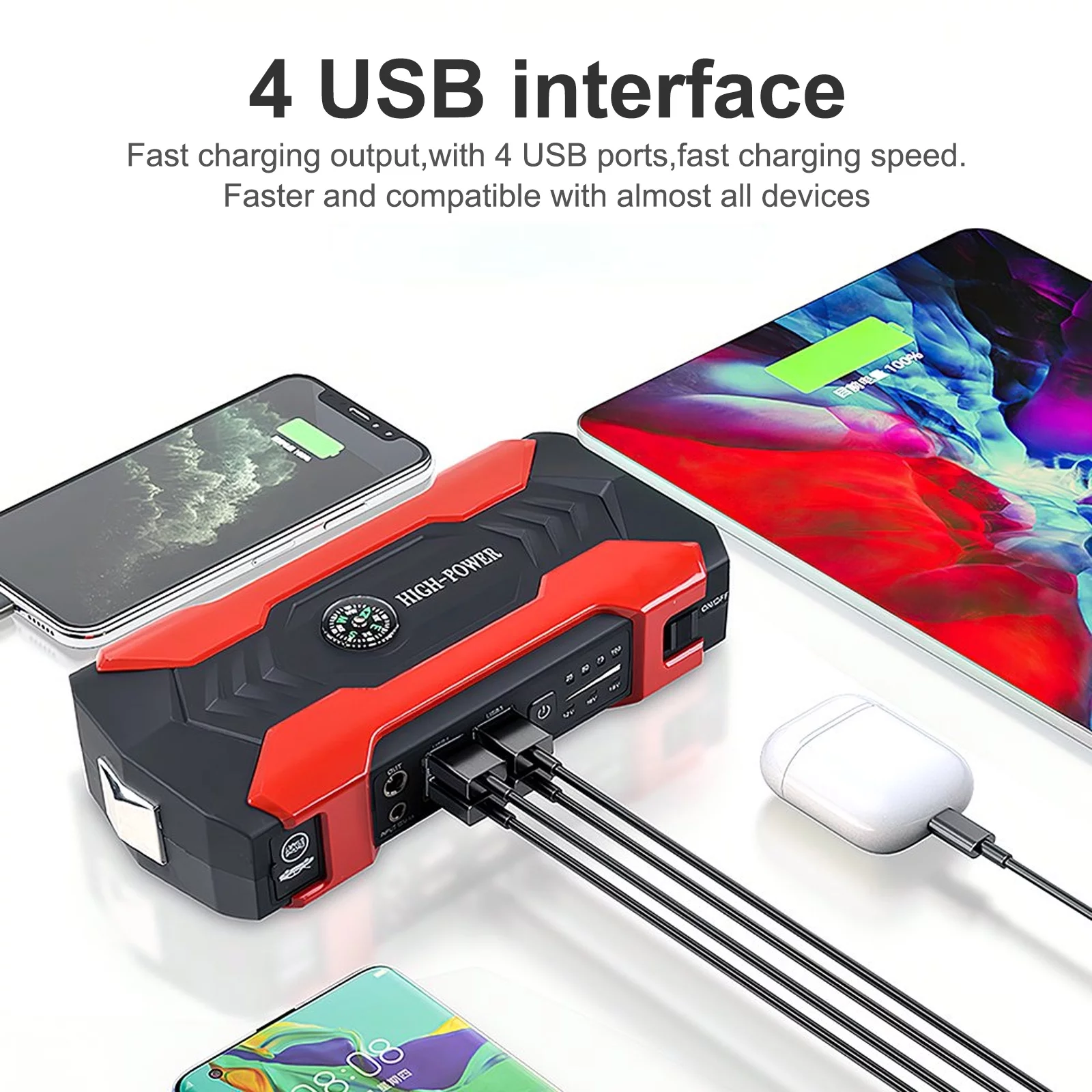 Multi-functional Car Battery Jump Starter 99800mAh Portable Charger Power Bank for Cell Phone, 4 USB Ports, LED Flashlight, Emergency 12V Auto Jump Starter Power Pack USA - Inhomebuy