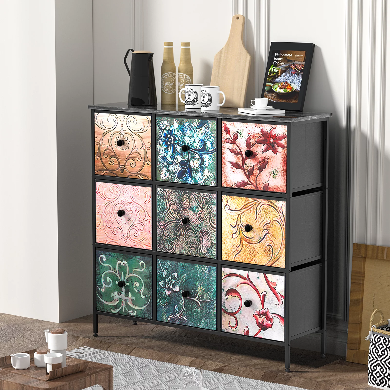 YILQQPER Dresser with 9 Drawers, Tall Storage Dresser with Sturdy Steel Frame, Wood Top (Floral Painted)  Chest of Drawers for Closet, Living Room, Adult and Children's Bedroom, Black - Inhomebuy