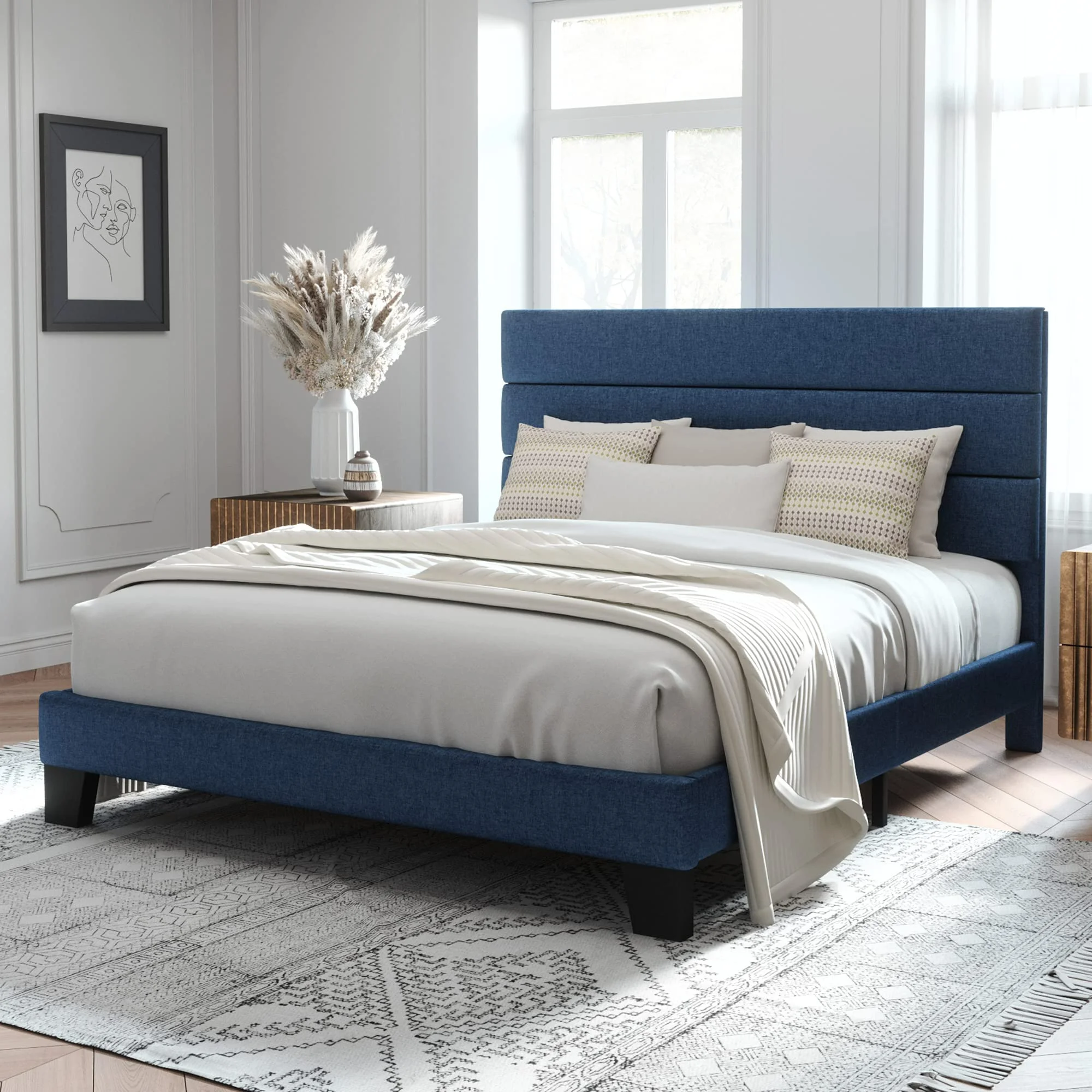 Allewie Queen Size Platform Bed Frame with Fabric Upholstered Headboard, No Box Spring Needed, Dark Grey - Inhomebuy