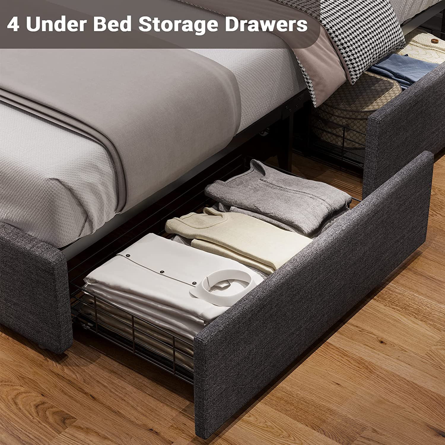 ADORNEVE Queen Size LED Bed Frame with Drawers, Upholstered Platform Bed with 2 USB Charging Station, No Box Spring Needed, Light Grey - Inhomebuy