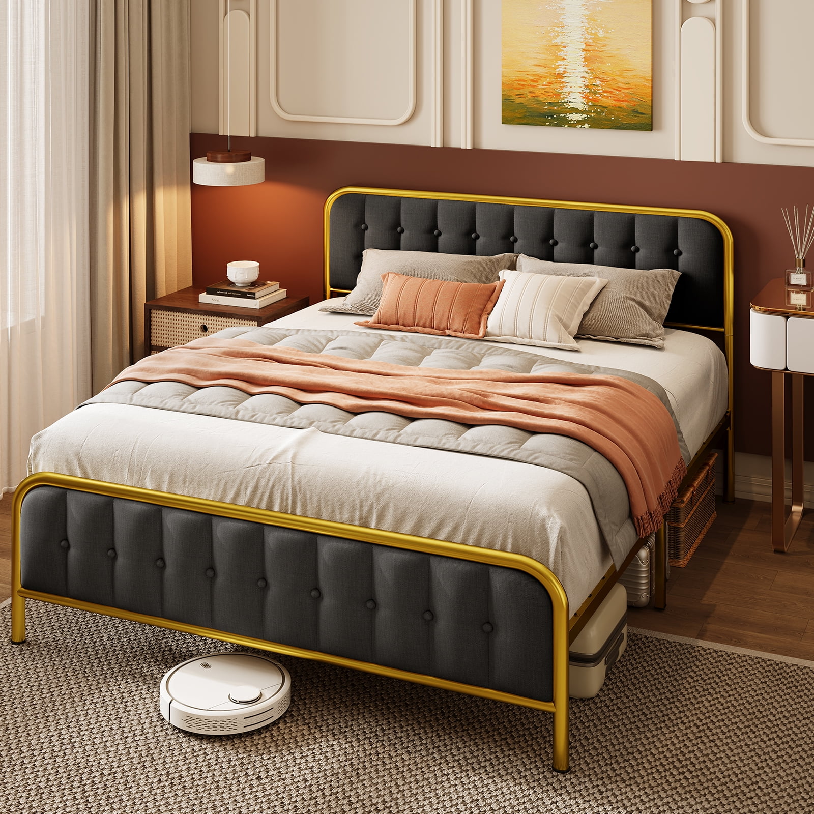 Aiho Queen Bed Frame with Headboard, Upholstered Platform Bed Frame, Beige - Inhomebuy