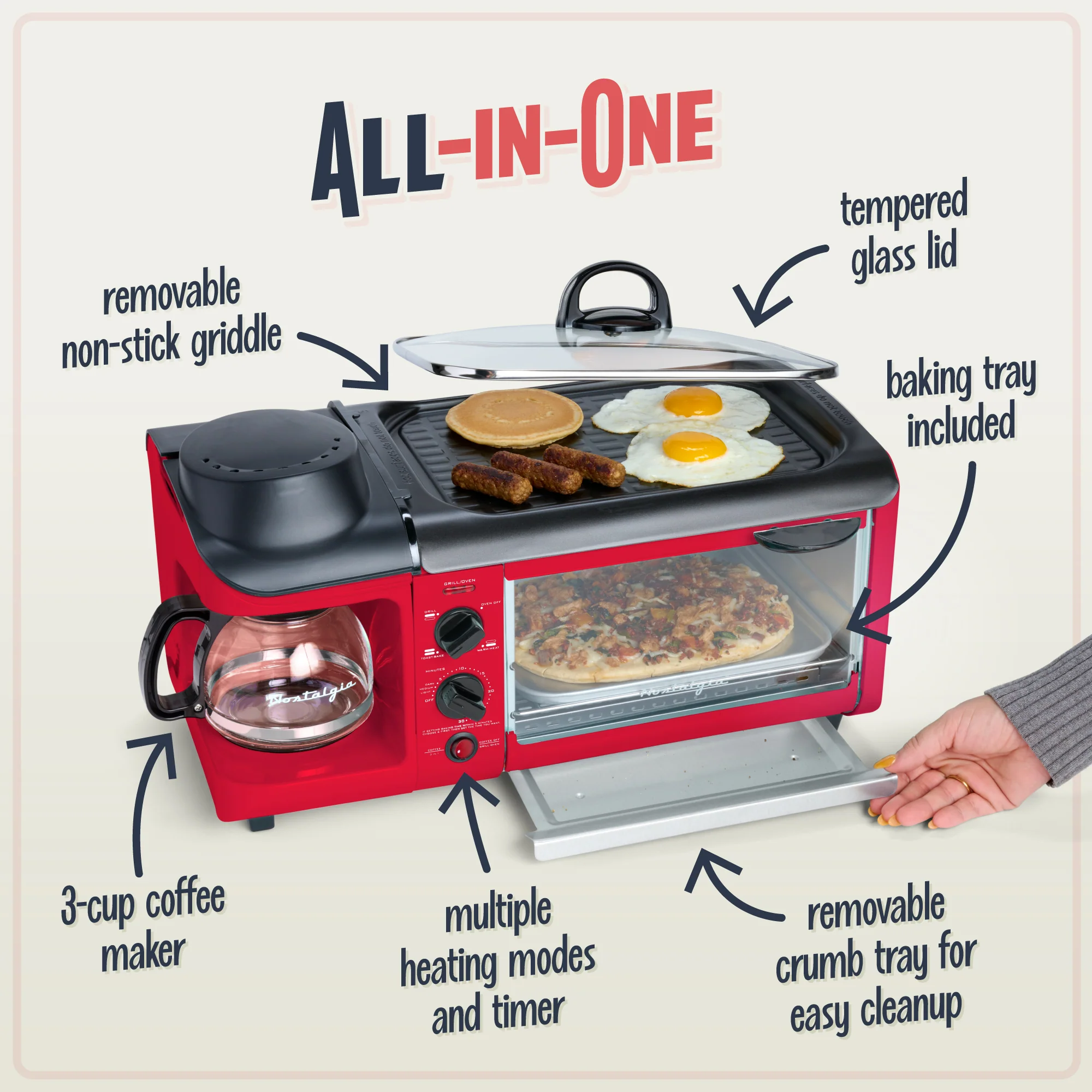 Retro 3-in-1 Family Size Breakfast Station, Retro Red - Inhomebuy