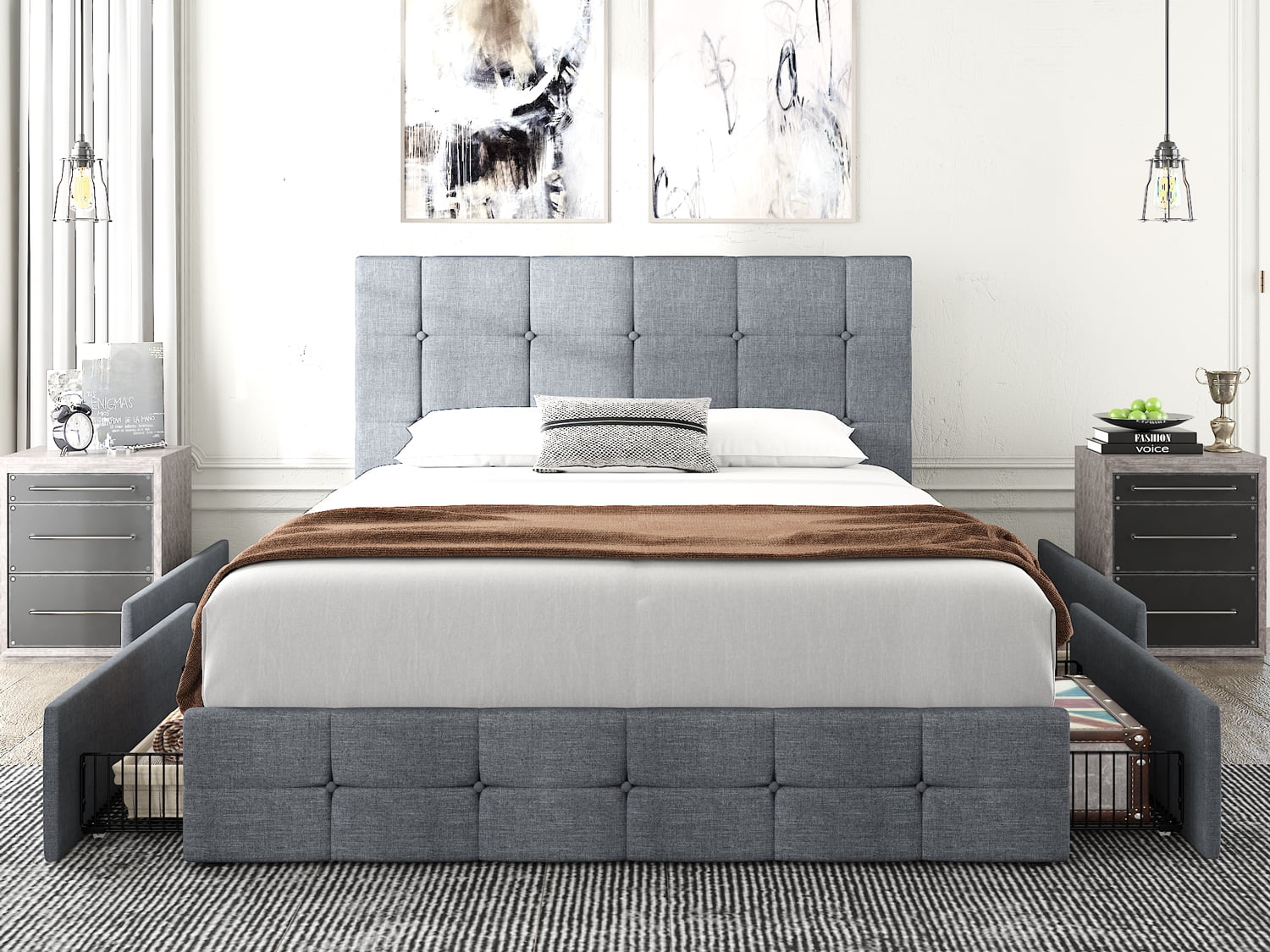 Amolife Queen Size Platform Bed Frame with Headboard and 4 Storage Drawers, Button Tufted Style, Dark Grey, Mattress Not Included - Inhomebuy