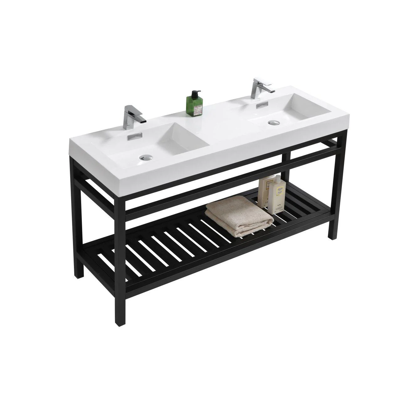 KubeBath Cisco 60 in. Double Sink Stainless Steel Console with Acrylic Sink - Matte Black, AC60D-BK - Inhomebuy