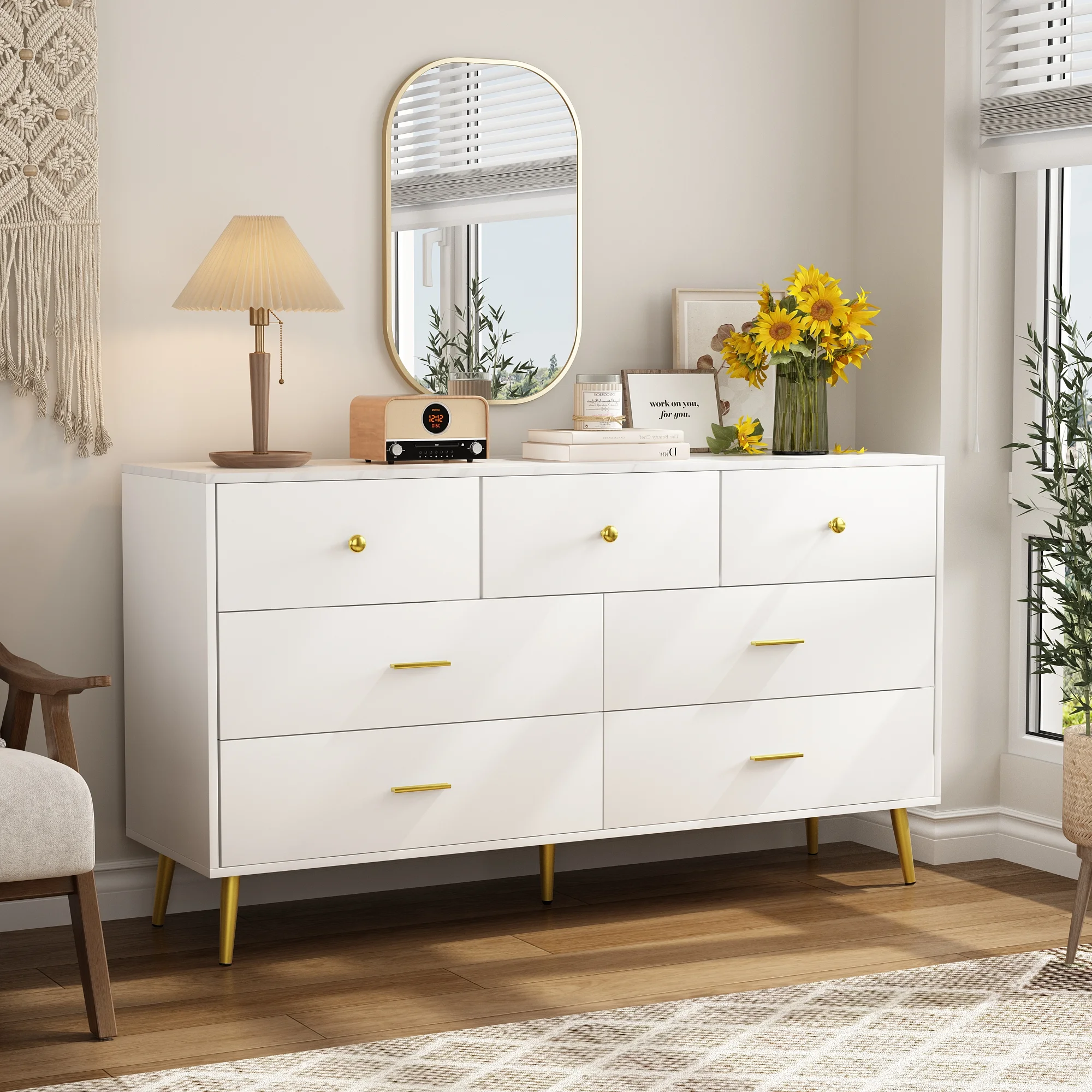 Yaoping 6 Drawer Dresser for Bedroom, Modern Wood Dresser with Wide Drawers and Metal Handles, Storage Chest of Drawers for Living Room Hallway Entryway(White-47.2