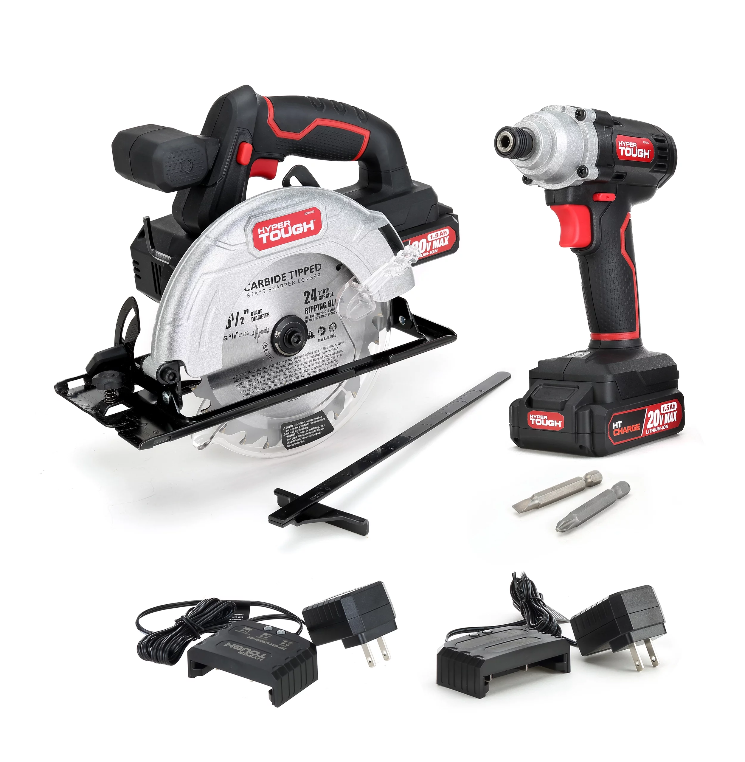 Hyper Tough 20V Cordless 1/4” Impact Driver & Circular Saw Bundle, (2) 1.5Ah Lithium-Ion Batteries & (2) Chargers - Inhomebuy