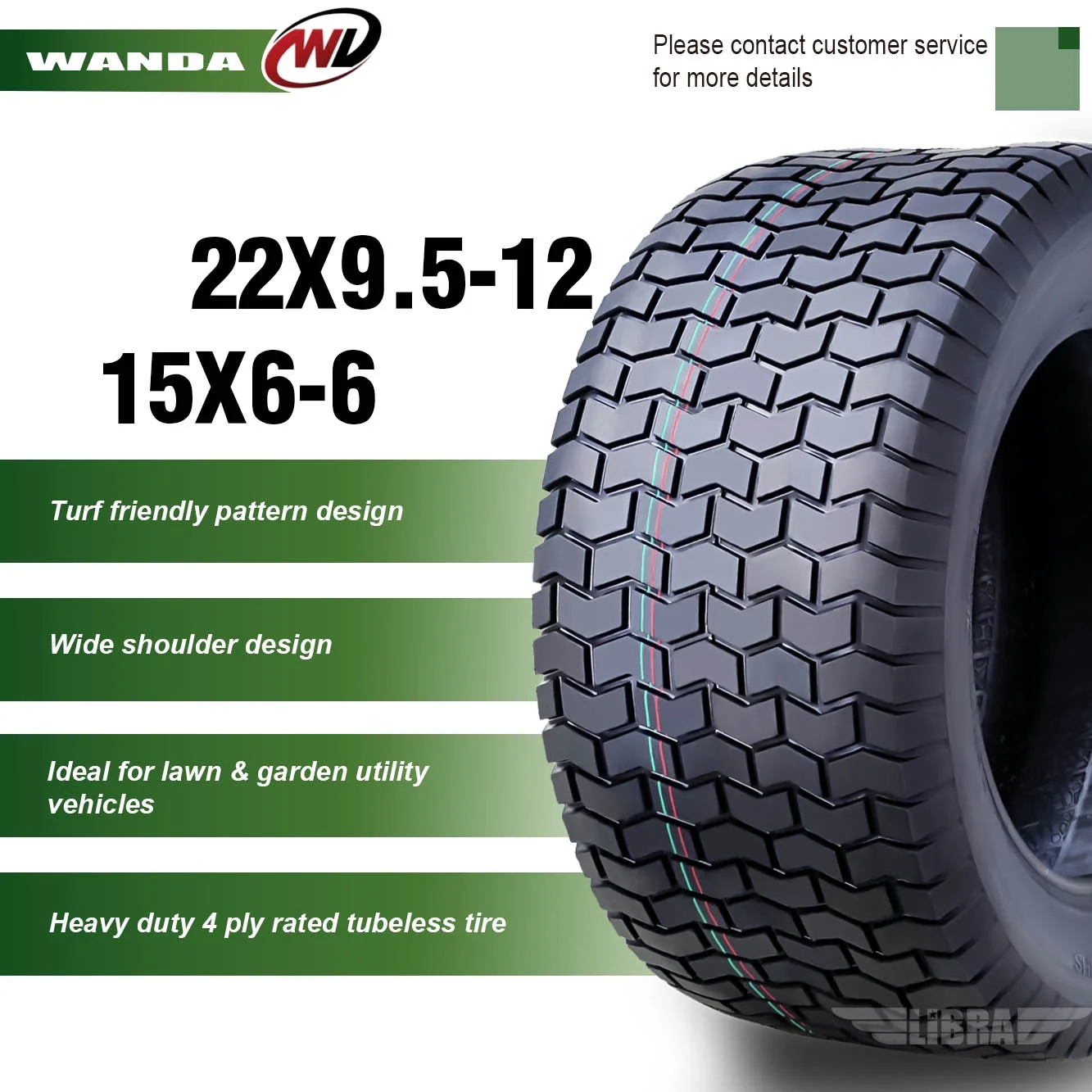 WANDA 15X6-6 & 22X9.5-12 Lawn Mower Tractor Cart Turf Tires 4 Ply-13114/13135, Set 4 - Inhomebuy