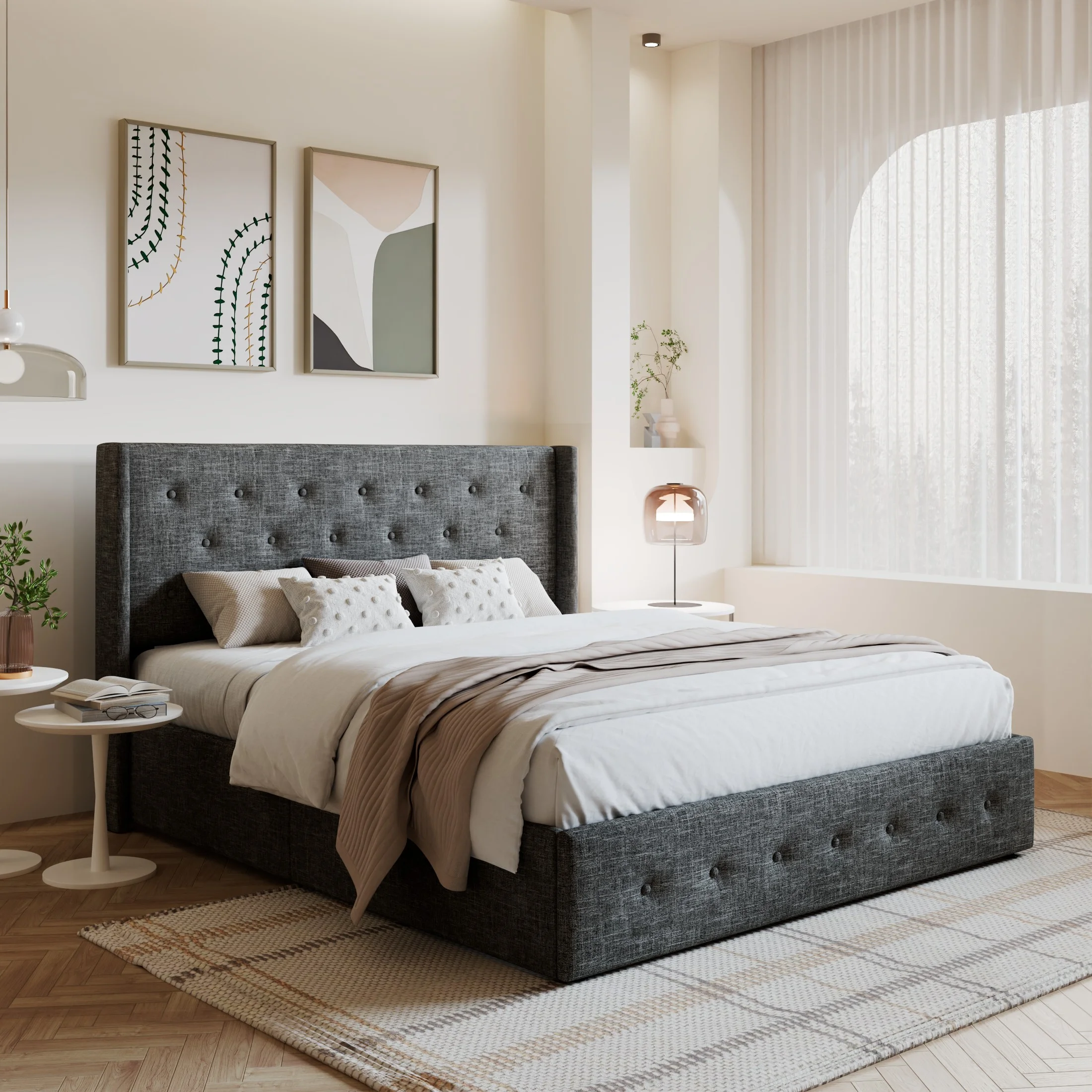 Amolife King Size Upholstered Lift up Storage Platform Bed Frame with Channel Wingback Headboard, Beige, Adult - Inhomebuy