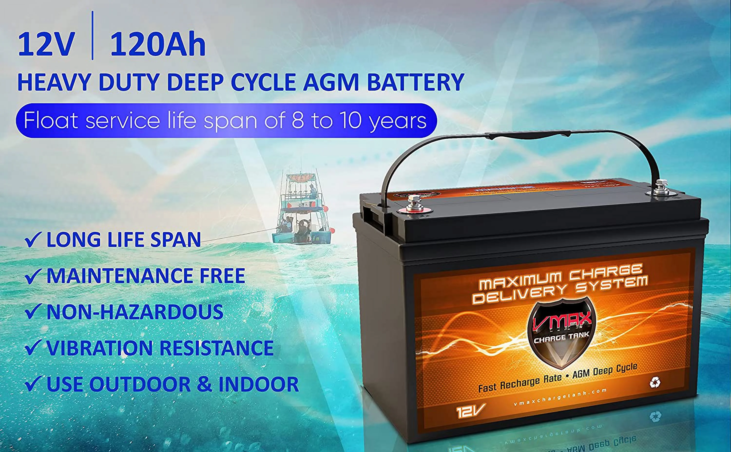 VMAX MR137-120 12V 120Ah AGM Deep Cycle Marine Battery for Minn Kota Terrova 55 12v 55lb Trolling Motor - Inhomebuy