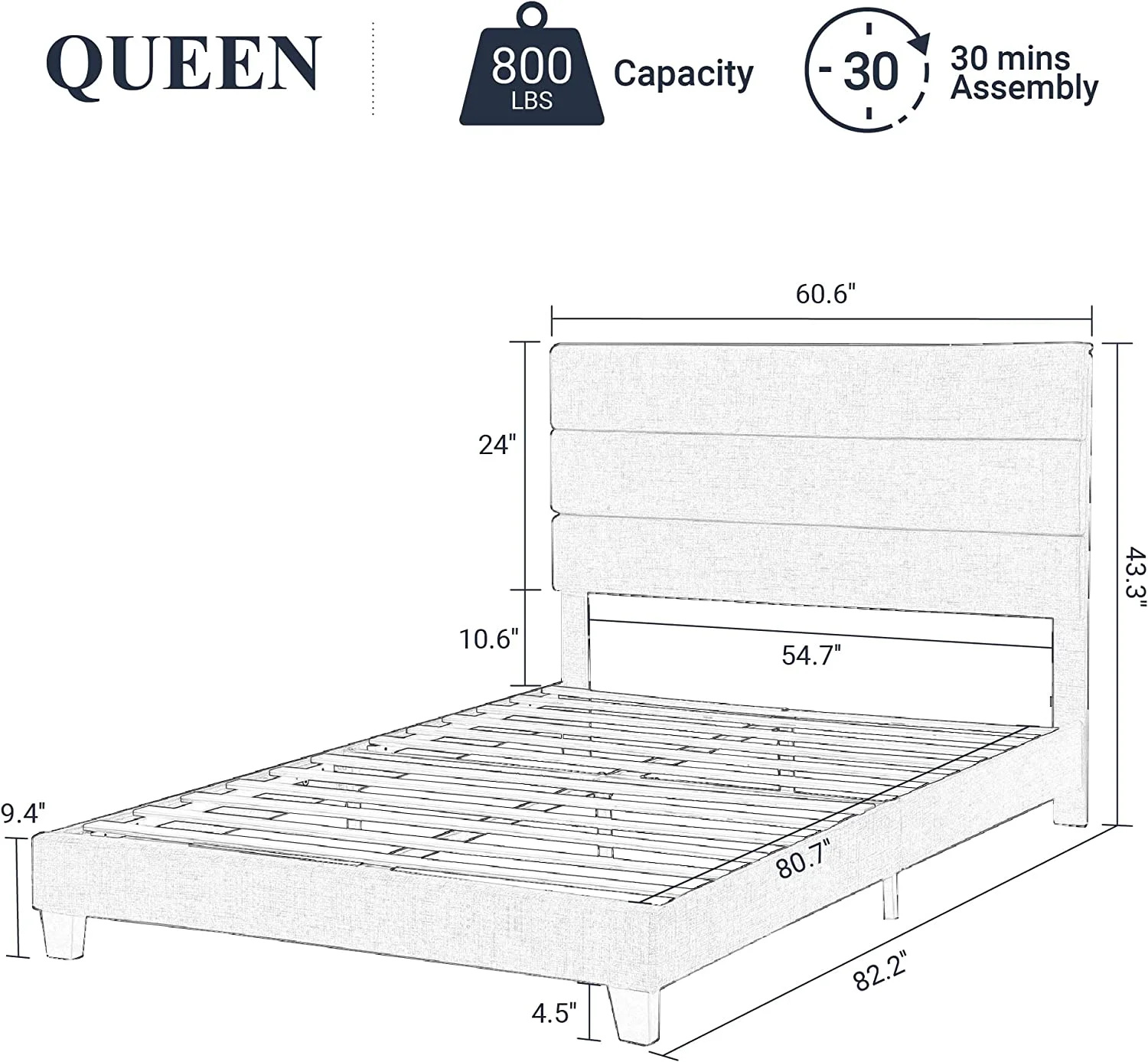 Allewie Queen Size Platform Bed Frame with Fabric Upholstered Headboard, No Box Spring Needed, Dark Grey - Inhomebuy