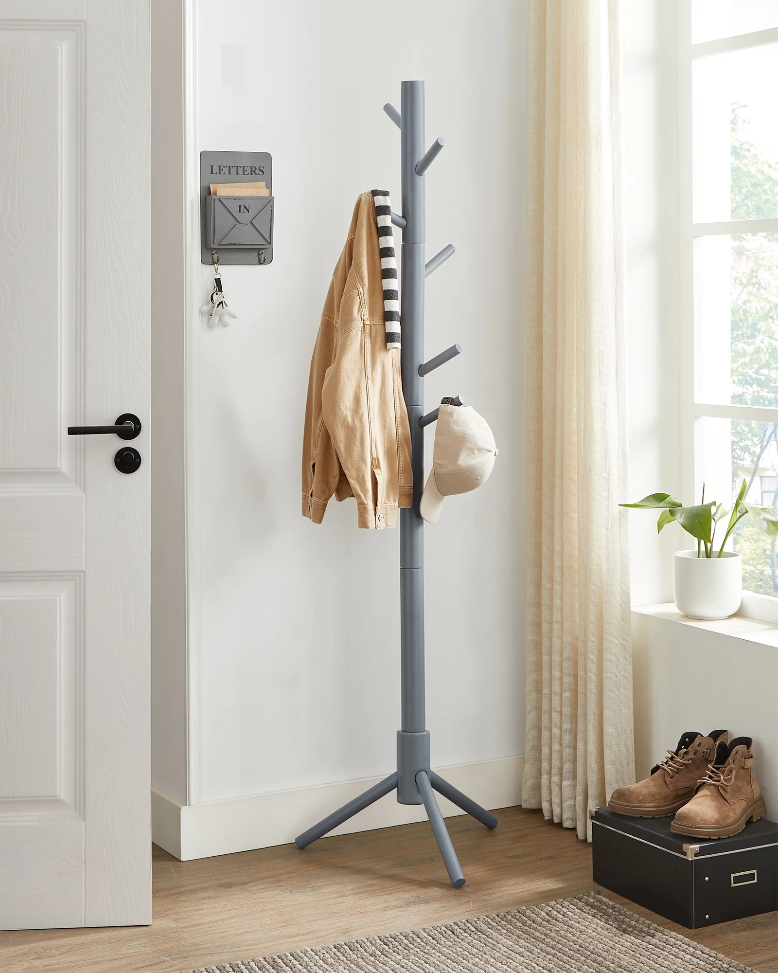 VASAGLE Coat Rack Solid Wood Free Standing Coat Rack Tree-Shaped Coat Rack with 8 Hooks for Clothes Hats Bags for Living Room Bedroom Dark Walnut - Inhomebuy