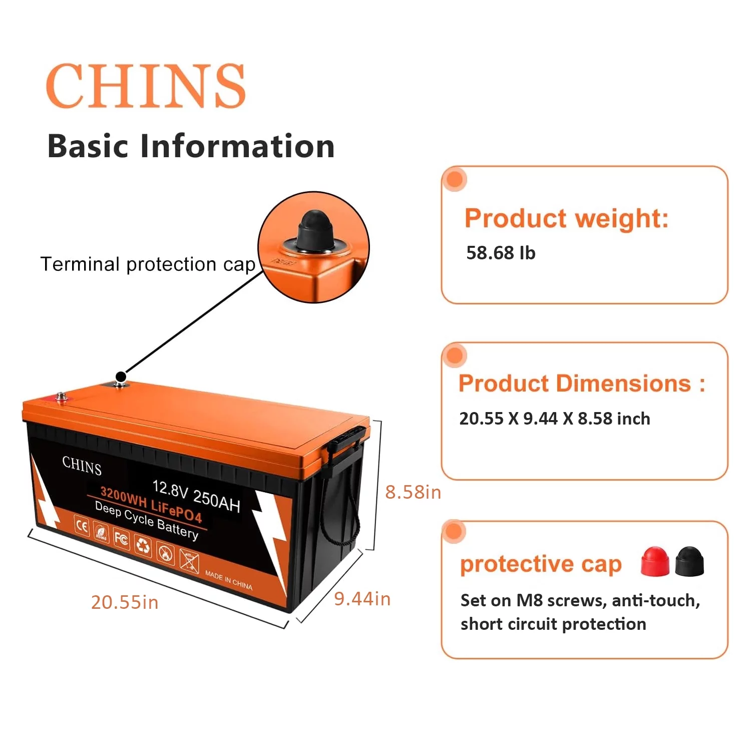 CHINS Smart LiFePO4 Lithium Iron Battery 12.8V 100Ah for Boat Fishing - Inhomebuy