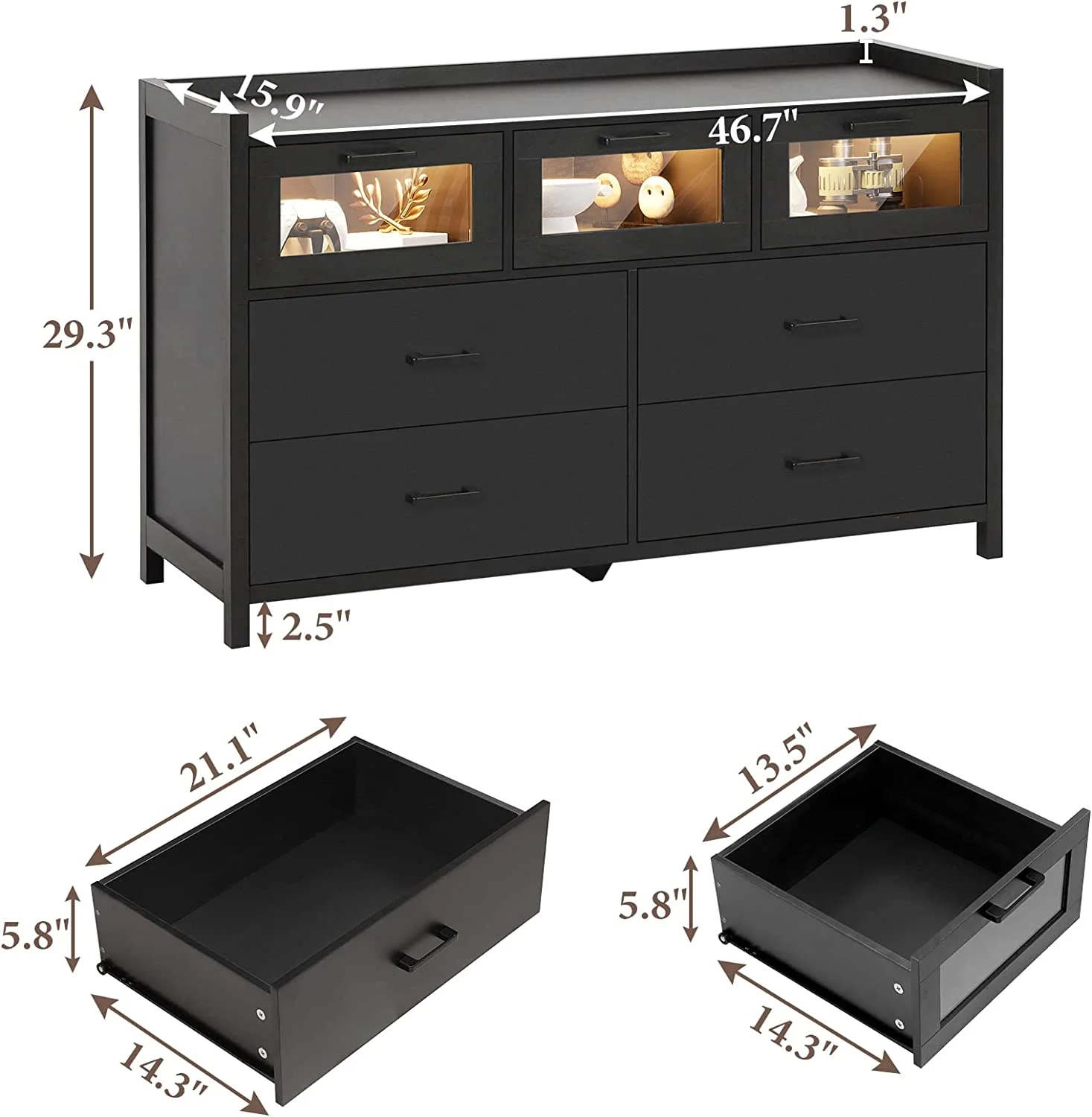 7 Drawer Dresser, Chest of Drawers with LED Lights, Wide Storage Organizer, Black Finish - Inhomebuy