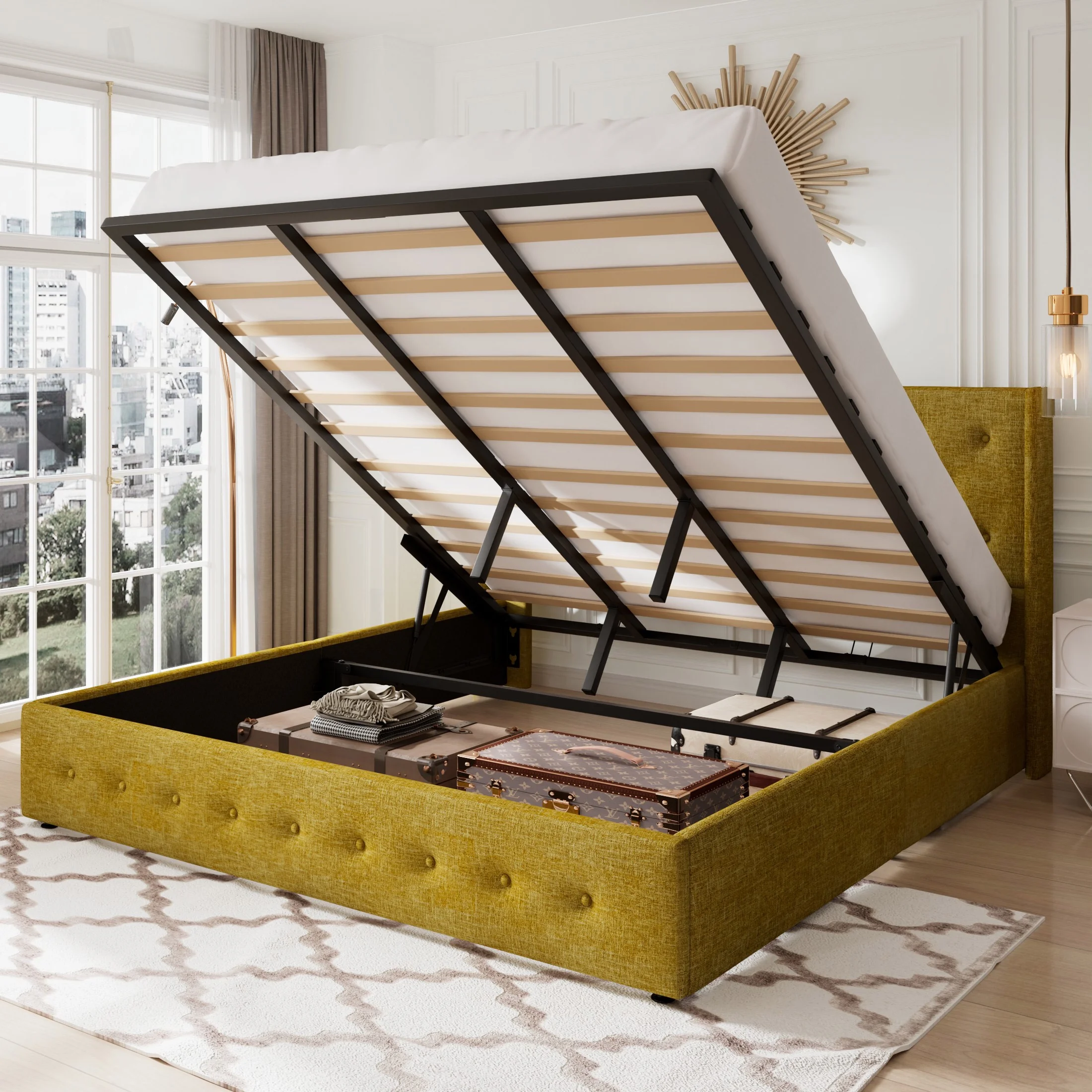 Allewie Queen Size Lift Up Platform Storage Bed Frame with Pannel Wingback Headboard, Light Beige - Inhomebuy