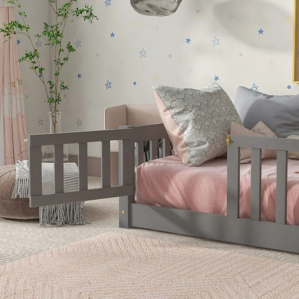 Twin Floor Bed Frame for Toddler, Montessori Floor Bed with Fence and Wood Slats, Low Wood Platform Beds for Girls Boys Kids Happy Time, White - Inhomebuy