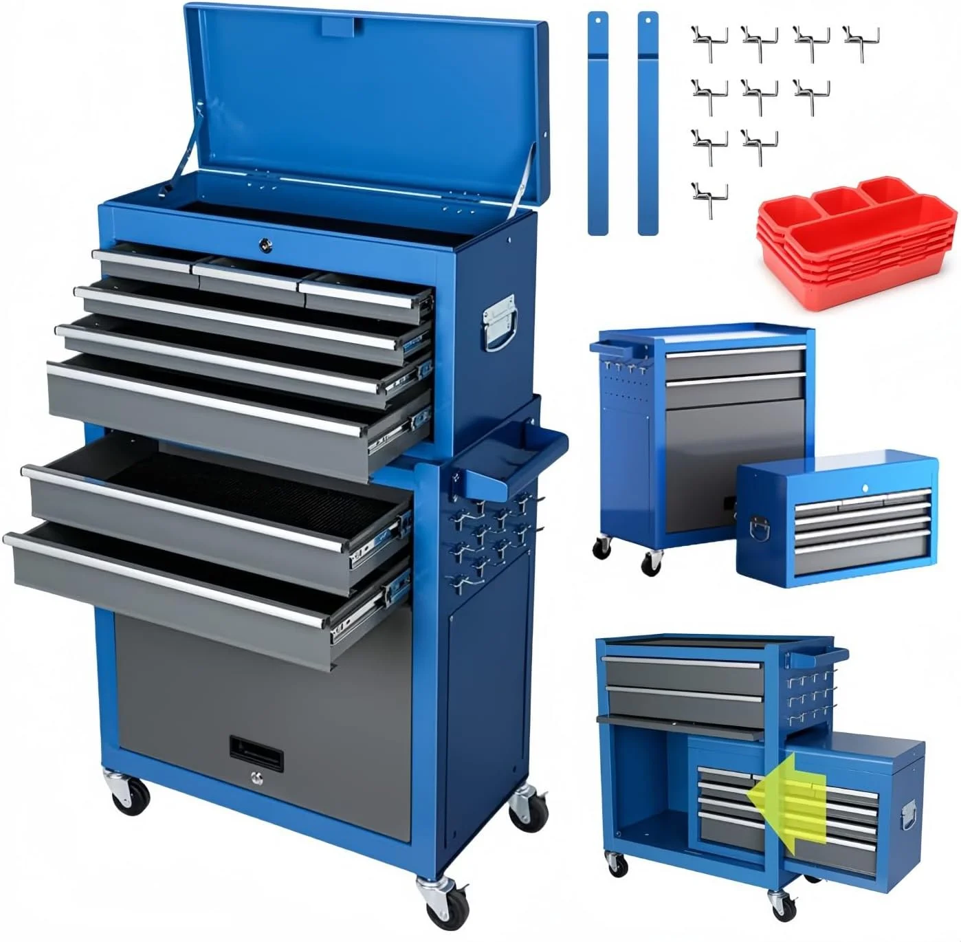 AIRAJ  Rolling Tool Chest 8 Drawers Tool Cabinet with Wheels Sliding Drawers Detachable Toolbox Storage Box Organizer - Inhomebuy