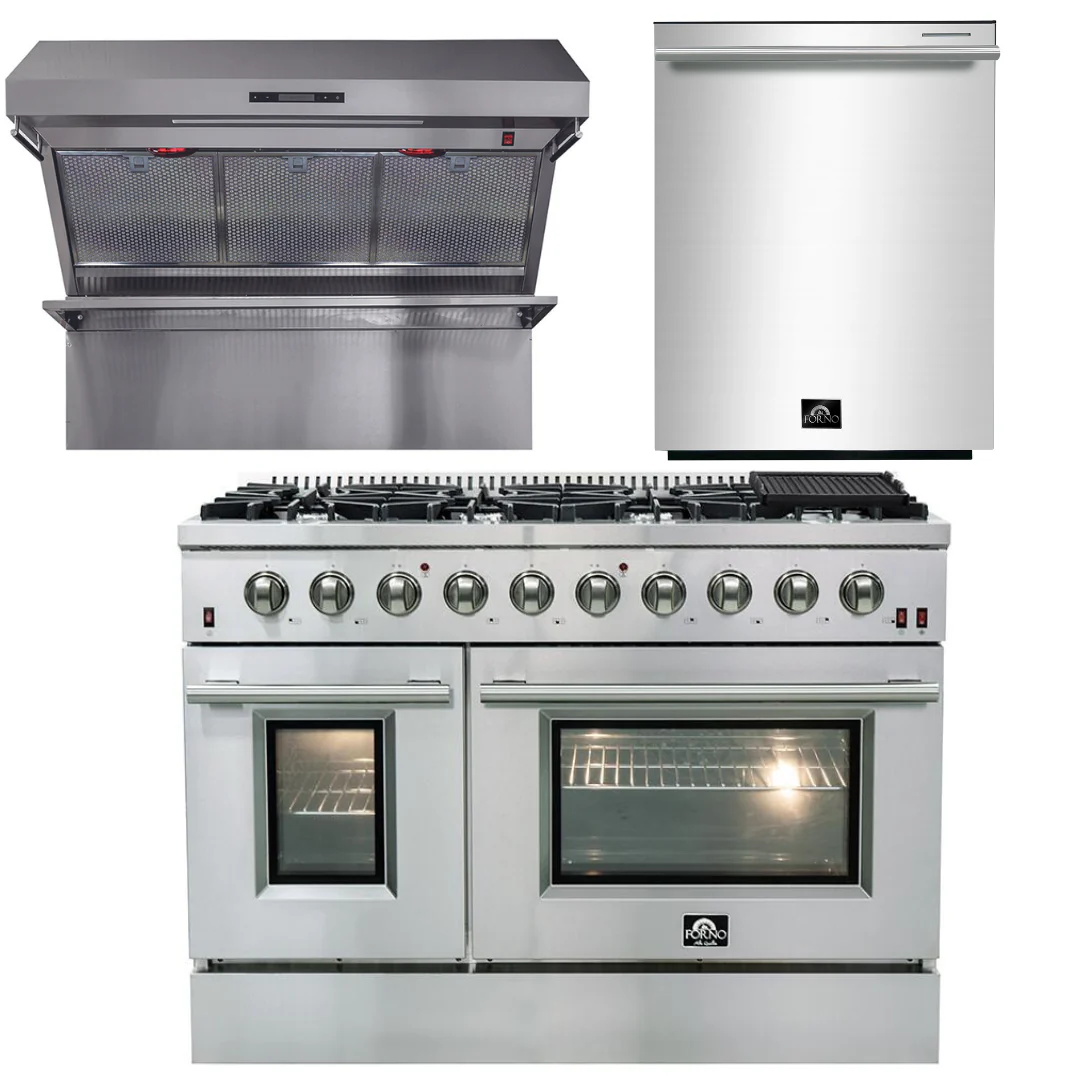 Forno Appliance Package - 48 Inch Gas Range, Wall Mount Range Hood, Dishwasher, AP-FFSGS6244-48-2 - Inhomebuy