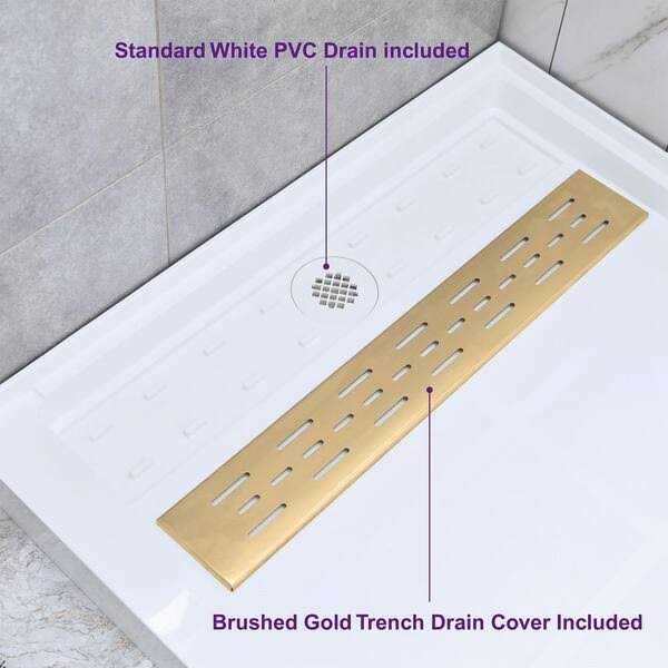 WoodBridge Krasik 60 in. L x Alcove Solid Surface Shower Pan Base Drain in White Cover SBR - Inhomebuy