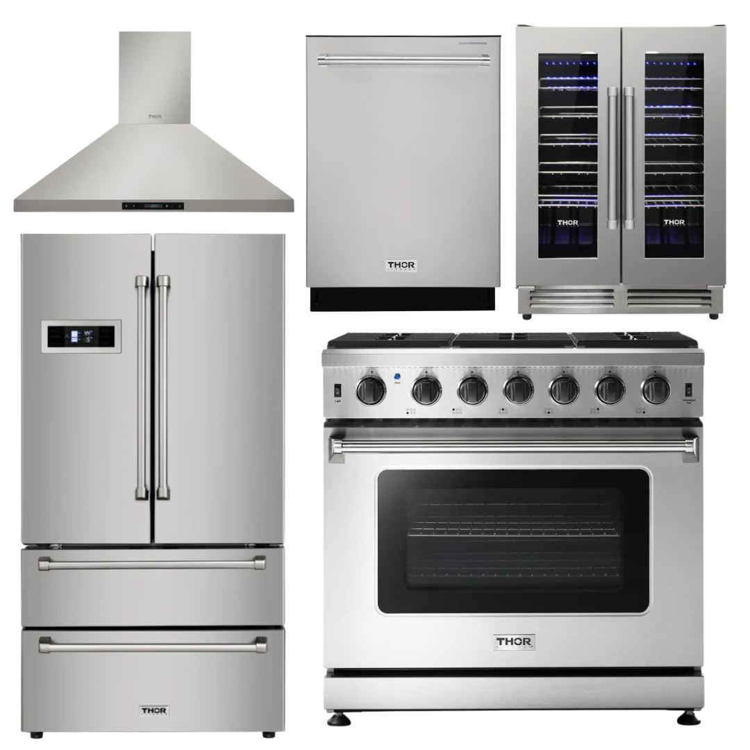 Thor Kitchen Appliances Set - 36 in. Natural Gas Range, Range Hood, Refrigerator, Dishwasher, Wine Cooler, AS-LRG3601U-4 - Inhomebuy