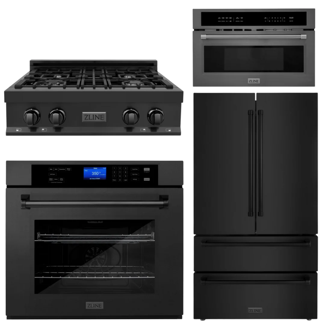ZLINE 4-Piece Appliance Package - 30 In. Rangetop, Wall Oven, Refrigerator, and Microwave Oven in Black Stainless Steel, 4KPR-RTB30-MWAWS - Inhomebuy